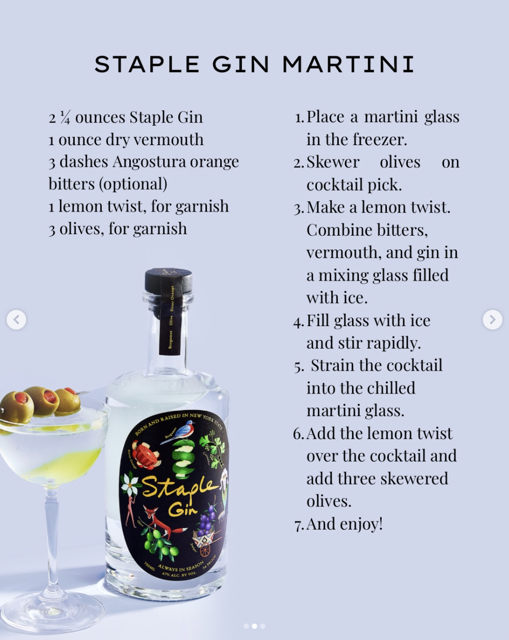 Recipe poster for a Stapple Gin Martini, detailing ingredients and step-by-step instructions. Features a bottle of Staple Gin, a cocktail glass with olives, and a lemon twist.