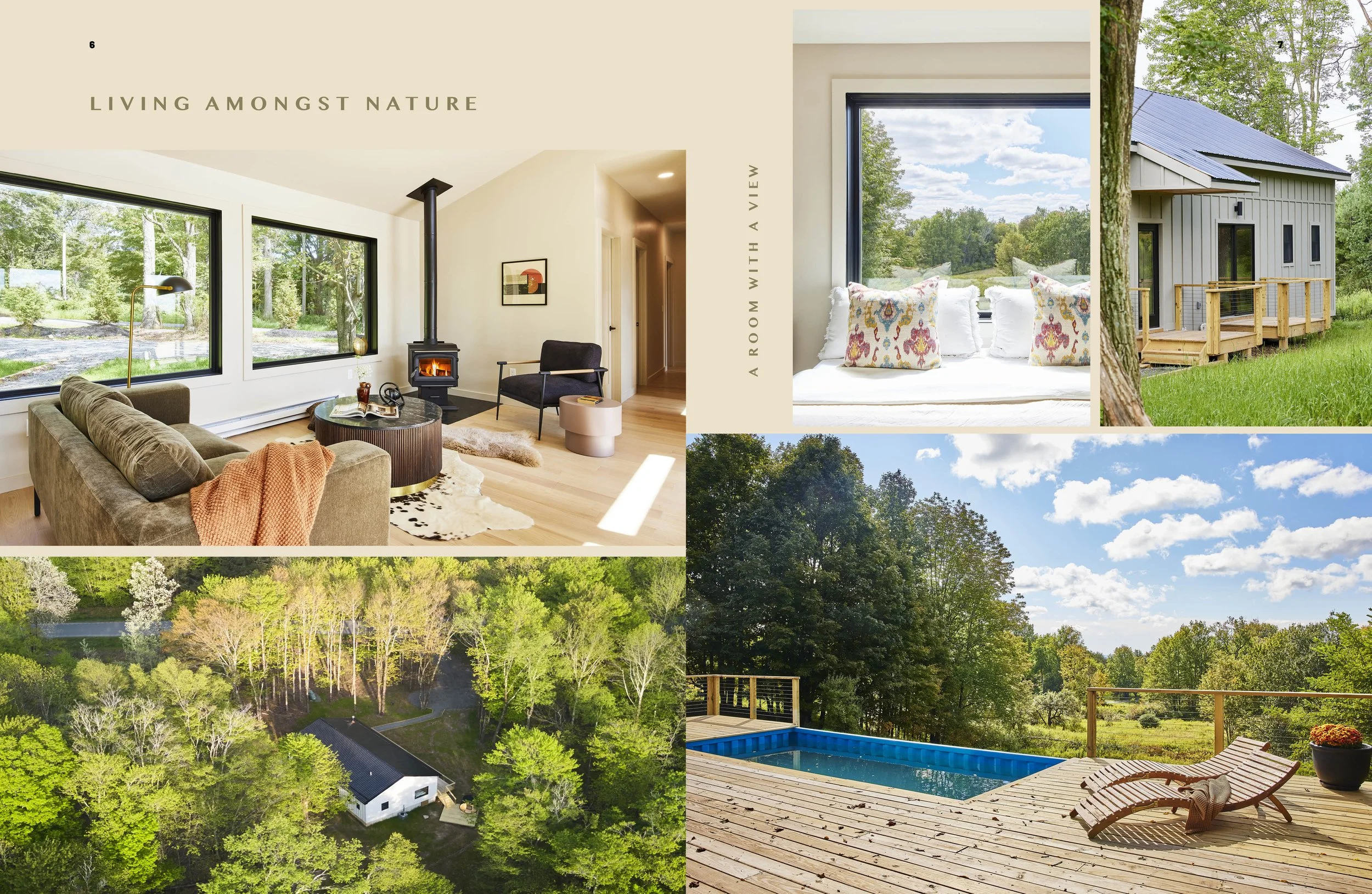 A collage of images showcasing a modern house and its natural surroundings. The top left shows a cozy living room with large windows, a wood stove, and contemporary furniture. The top right features a bedroom with a large window and decorative pillow