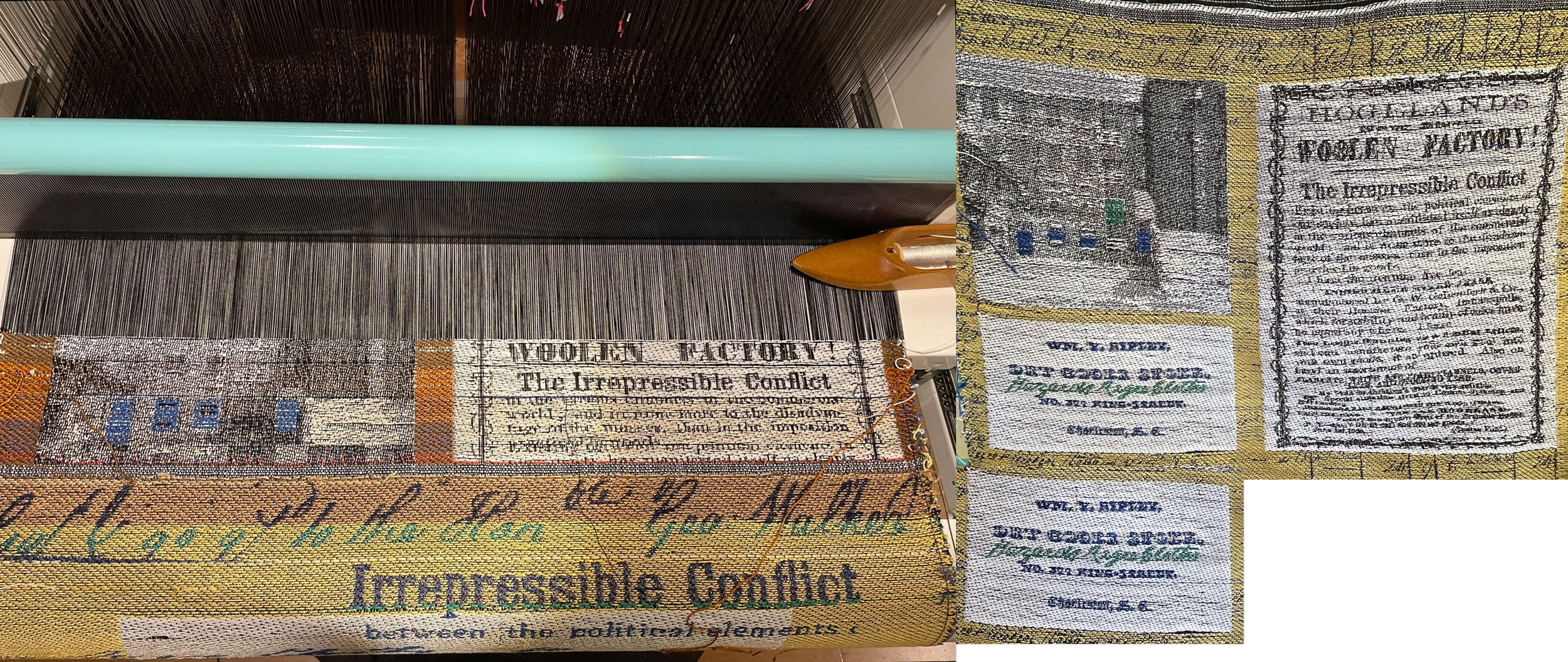 Archival Material Woven by Robin Mulle- these were advertisements of Negro Cloth from the Peace Dale Manufacturing Plant for plantation owners in the South.  