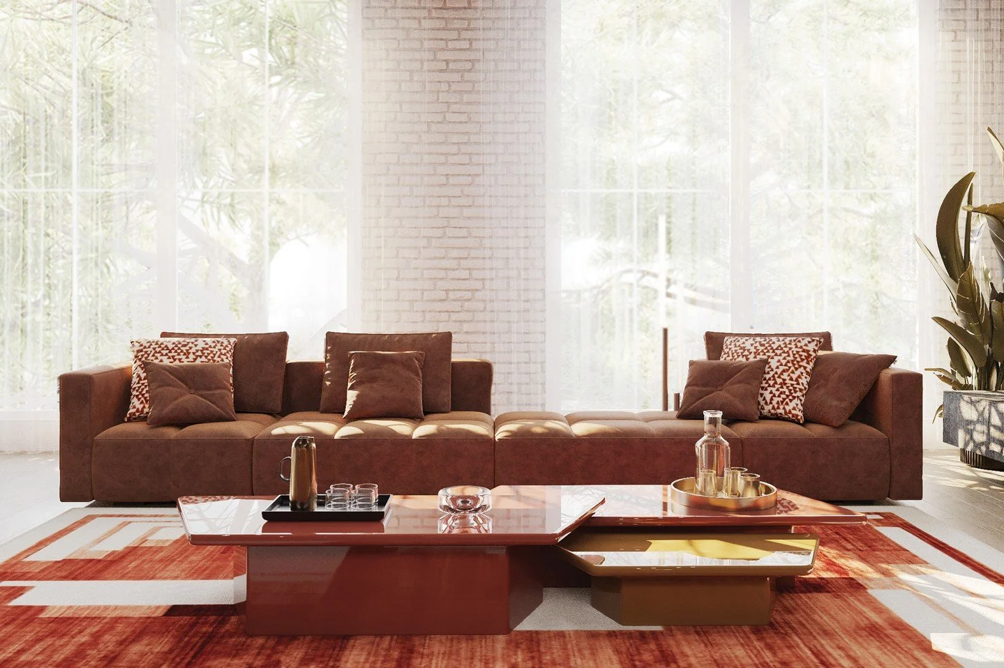 Piazza Terracotta, une interprétation moderne de l'Art déco, ses bordures asymétriques et ses formes géométriques créent une composition polyvalente et saisissante. Noué à la main à partir de laine tibétaine et de soie chinoise, ses subtiles nuances de poils captent la lumière, ajoutant de la profondeur, t