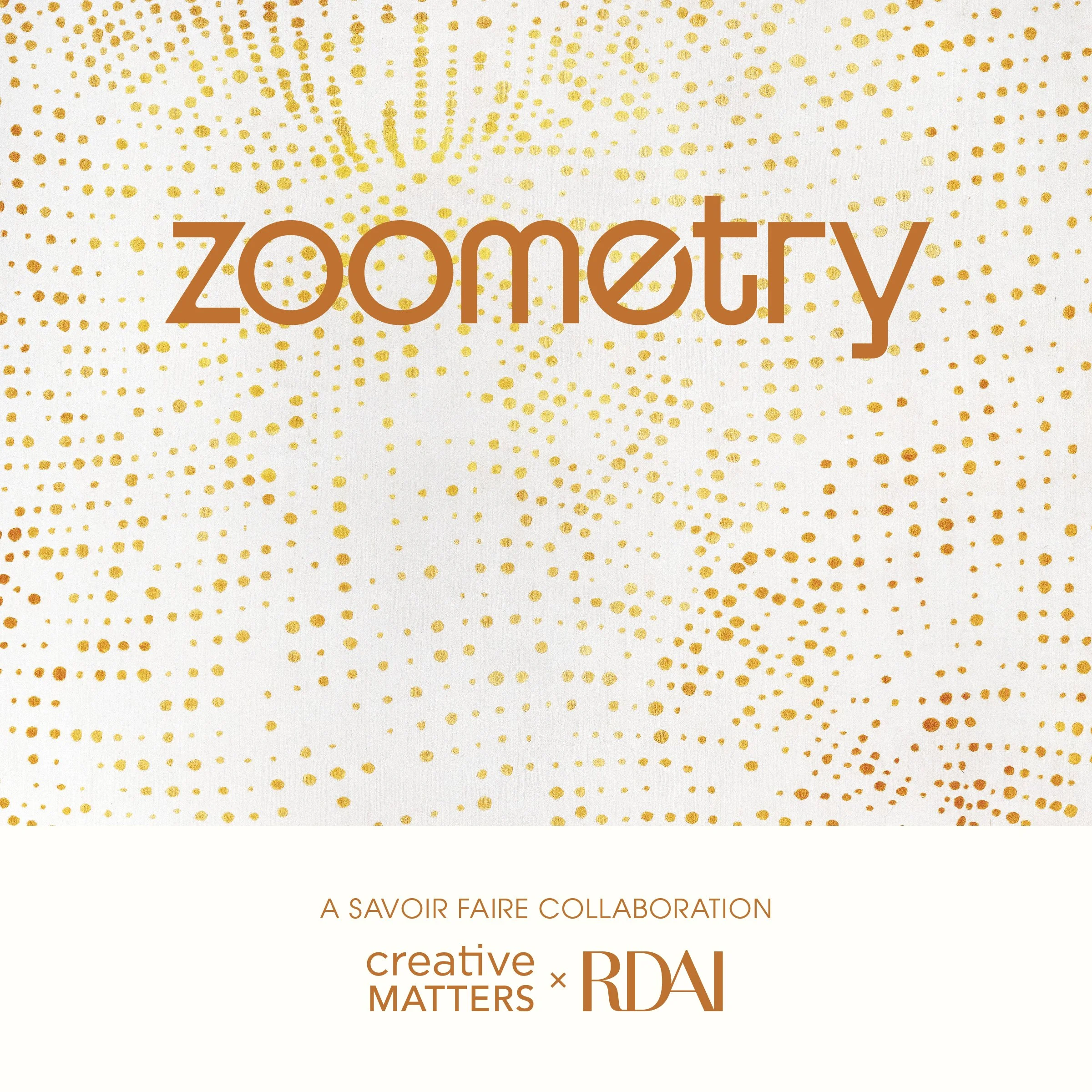 Cover of a flooring collection catalog featuring a nature inspired design with various vibrant lines and shapes, and the text 'creative MATTERS x RDAI' in the bottom centre and 'ZOOMETRY' with a subtitle about a savoir faire collaboration.