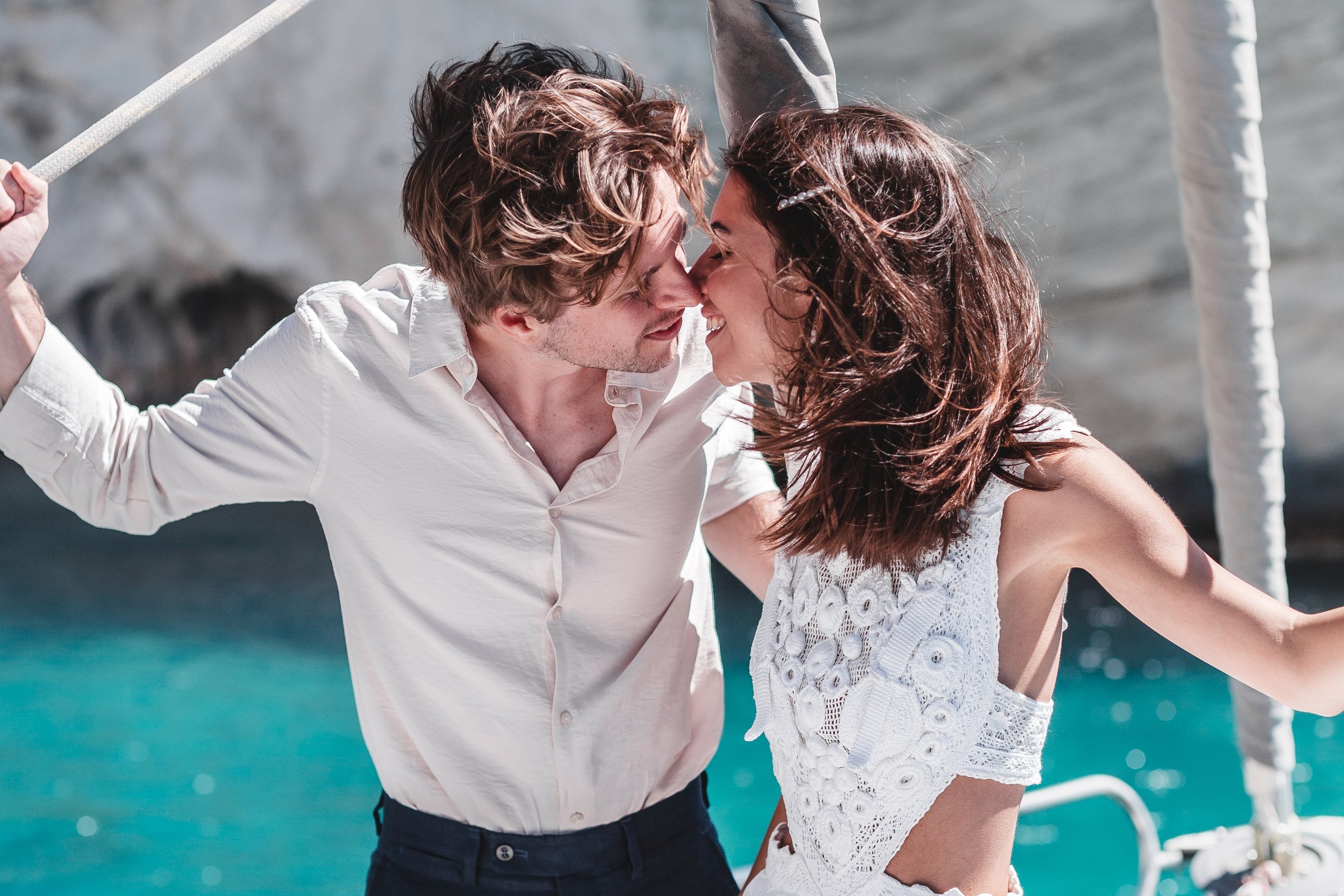 Adventure elopement on a yacht at Kleftiko in Milos, Greece