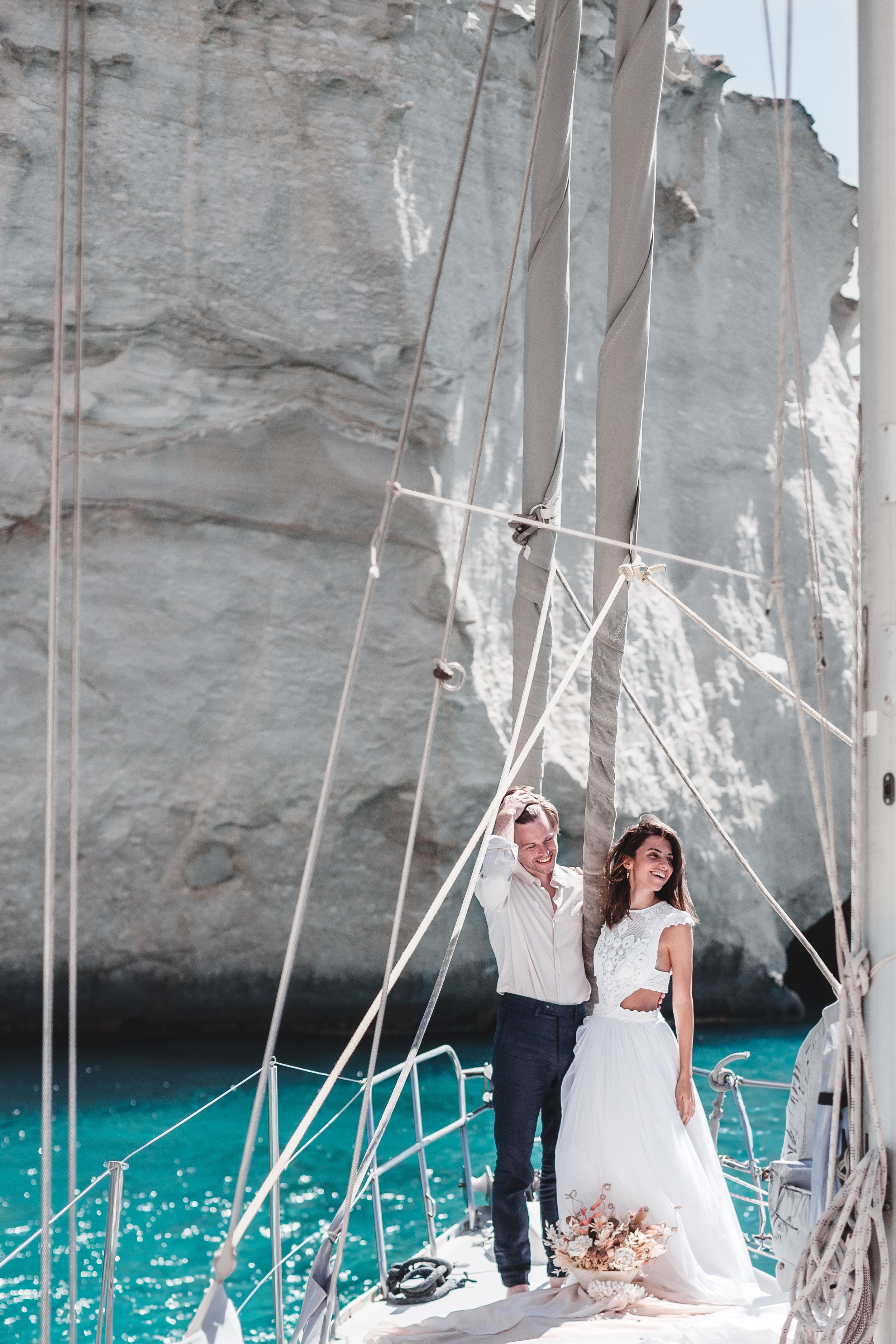 Adventure elopement on a yacht at Kleftiko in Milos, Greece