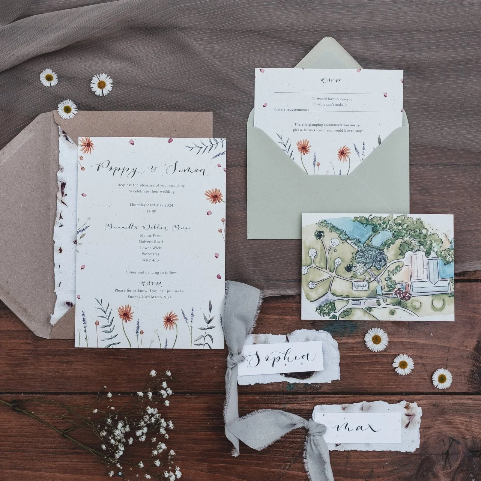 Eco friendly and sustainable wedding invitations for Bennetts Willow Farm