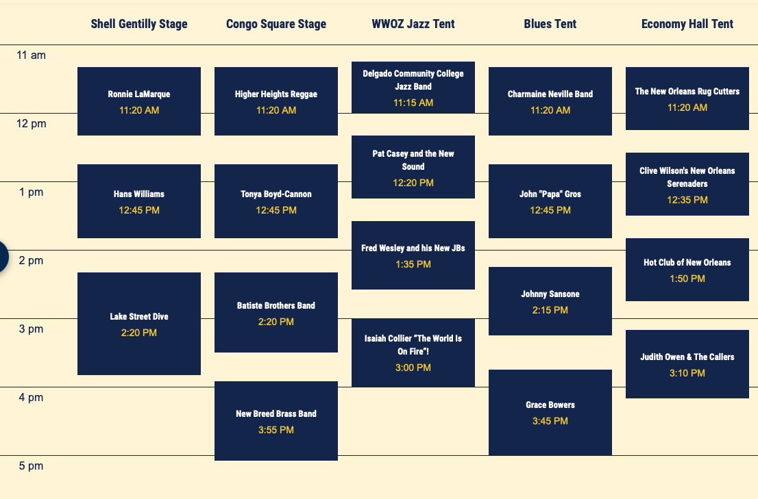 Part 1 of the edited schedule for Thursday, April 30 at Jazz Fest