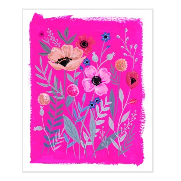 Bright Pink Floral Art Print, Pink Flowers, Watercolor Flowers