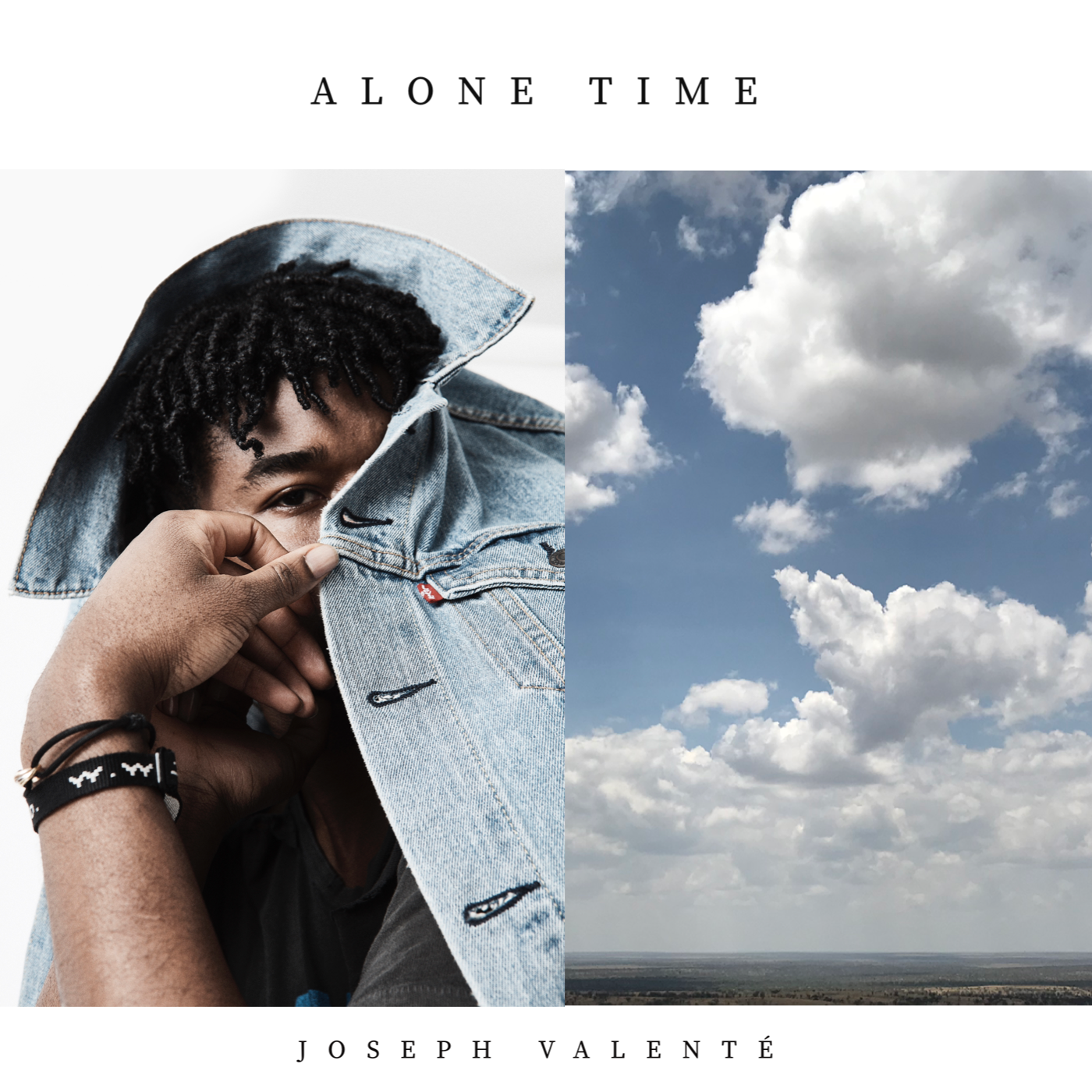 A split image of Joseph Valente on the left covering his face with a denim jacket. On the right there are clouds in the Serengeti sky.