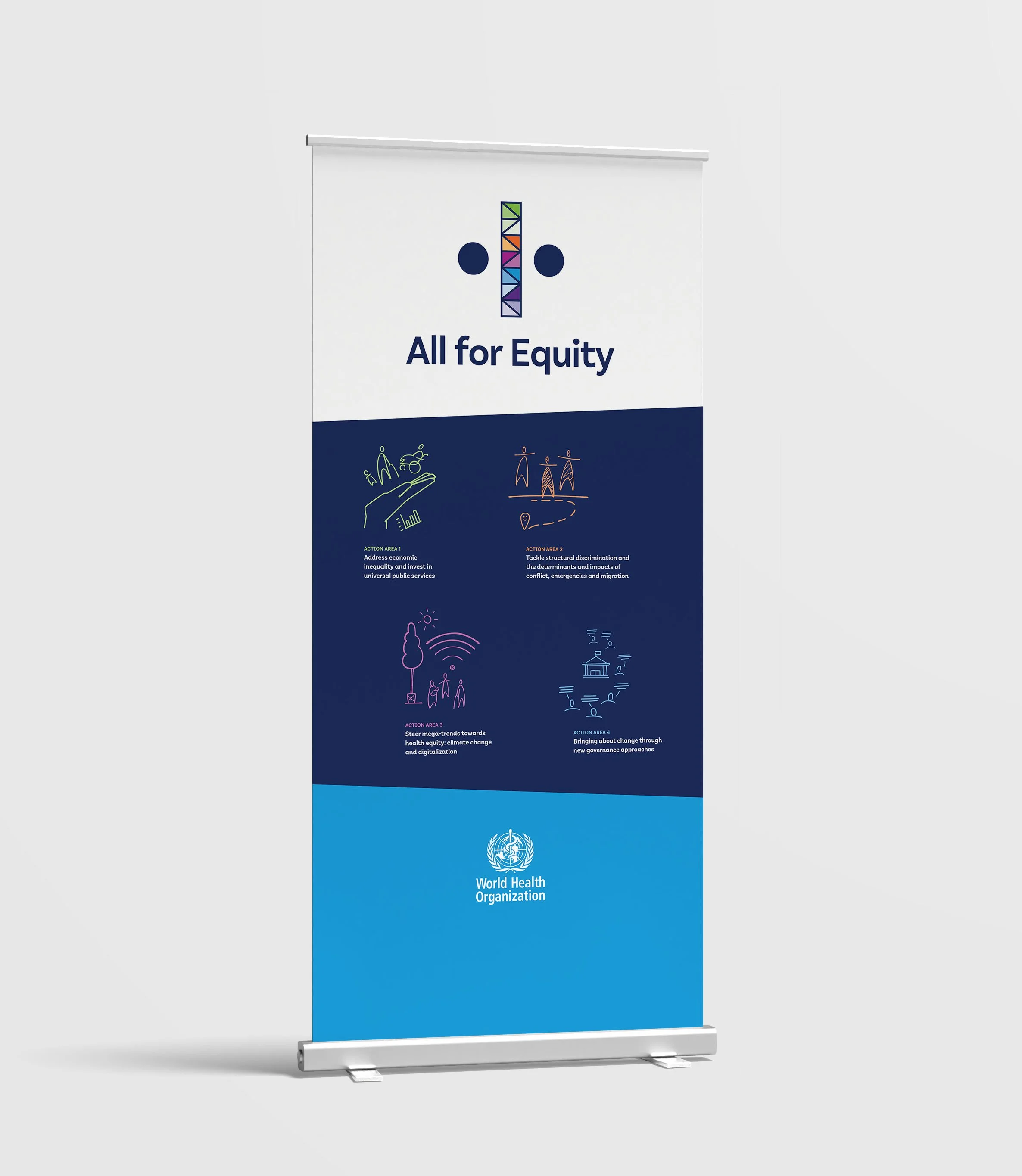 A narrow rollup banner for "All for Equity." Features the WHO logo at the bottom on a light blue background. Four dark blue quadrants display thin-line icons representing health equity action areas with white typography.