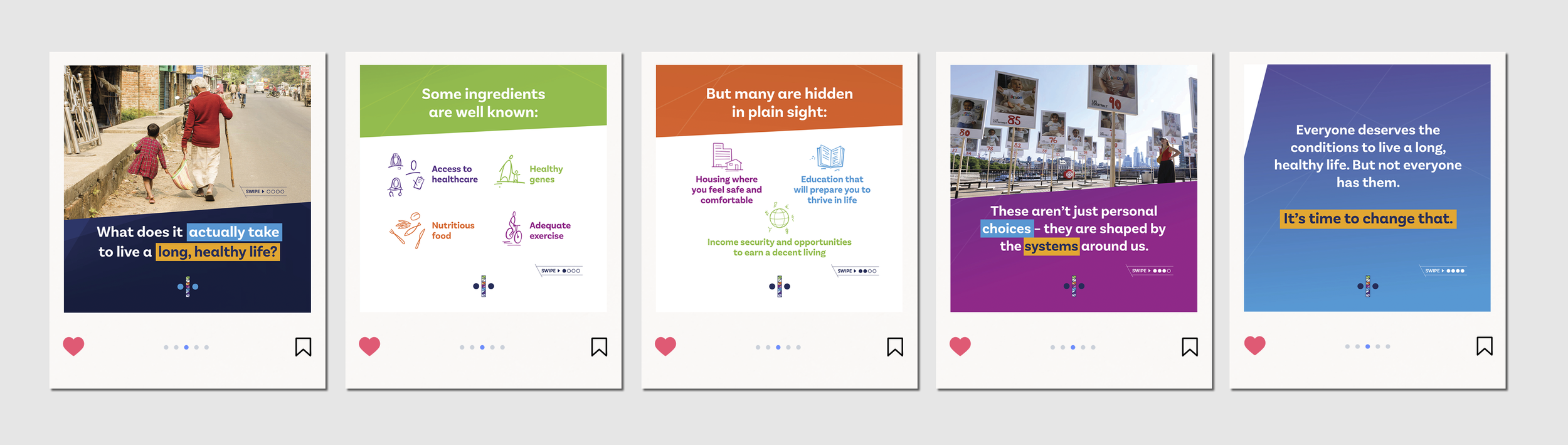 ive Instagram posts mixing photos and flat colors. Uses bold headings in colored boxes (navy, green, orange, purple, blue) with clean icons and centered sans-serif typography.