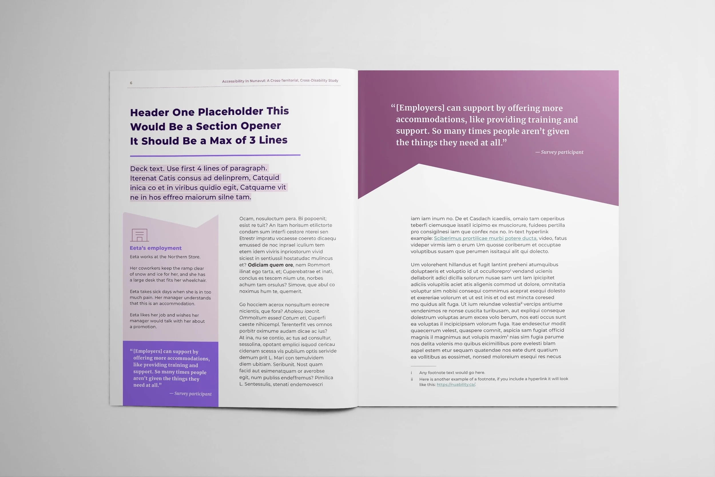Large bold headers and a purple quote banner. A light purple sidebar features a house icon and quote text. Typography uses a mix of serif body text and sans-serif accents. Clean, modern layout with ample white space.
