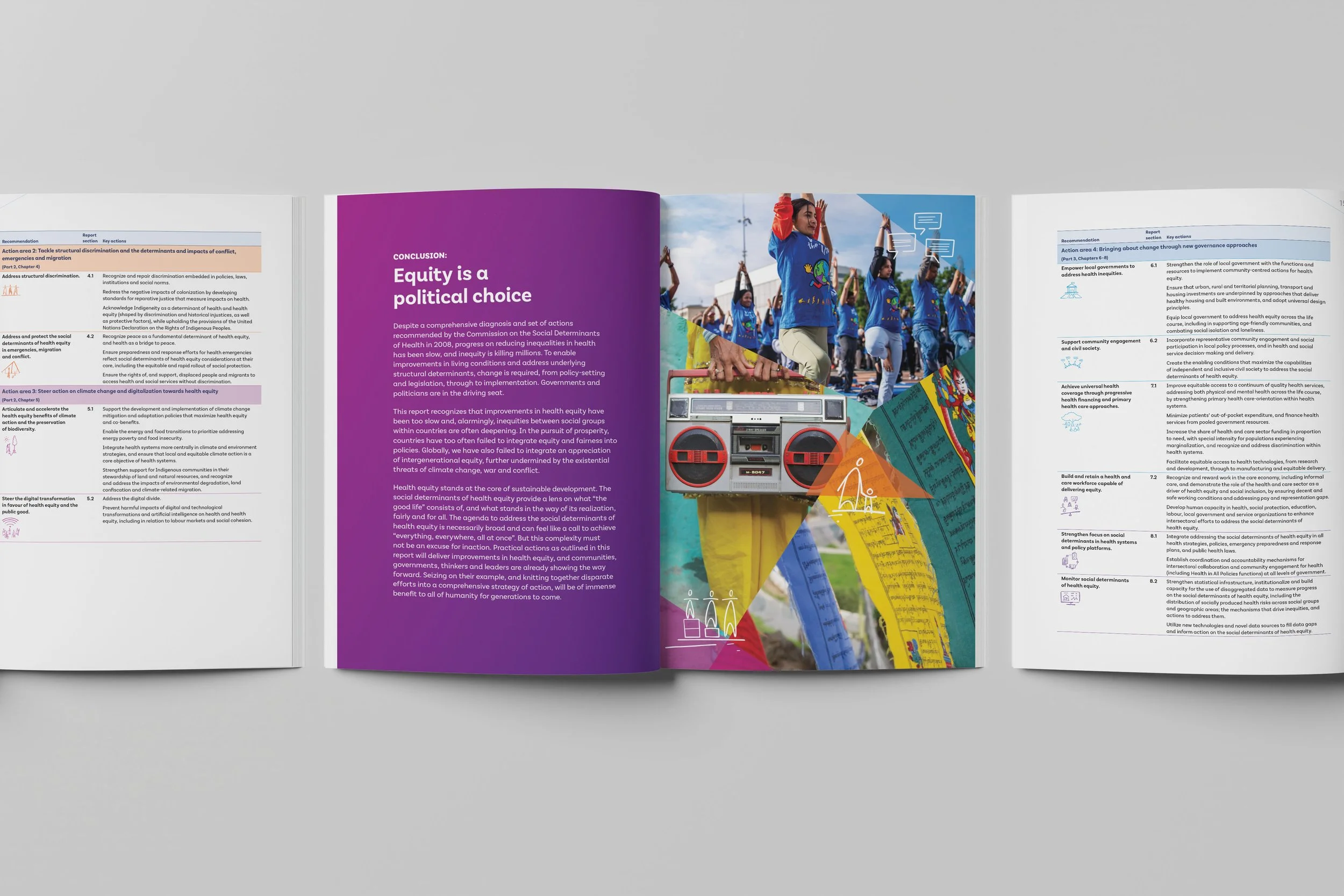 A vibrant purple chapter page titled "Equity is a political choice". The right page features a full-bleed photo of people dancing with a boombox, overlaid with white line-art icons and a modern sans-serif typeface.