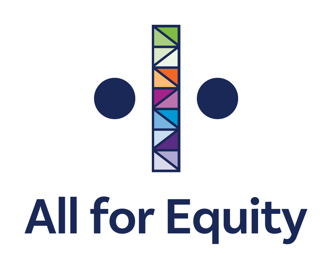The complete, dynamic visual identity for the "All for Equity" initiative, capturing the spirit of collective interdependency and action.