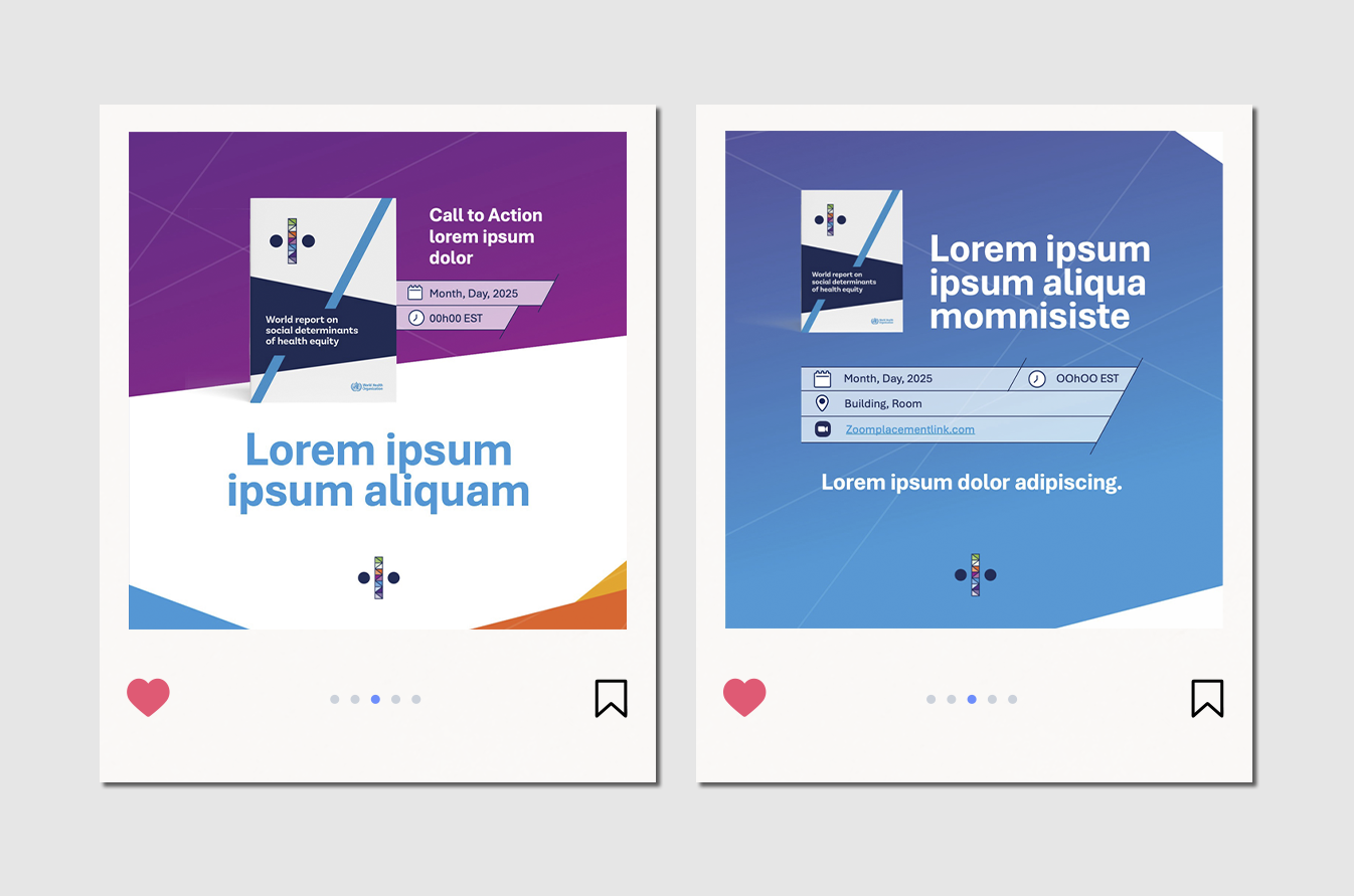 Two Instagram mockups. Left: Purple and white split design with a report cover and "Call to Action" text. Right: Blue gradient with report thumbnail and event details. Both use clean, bold sans-serif typography.