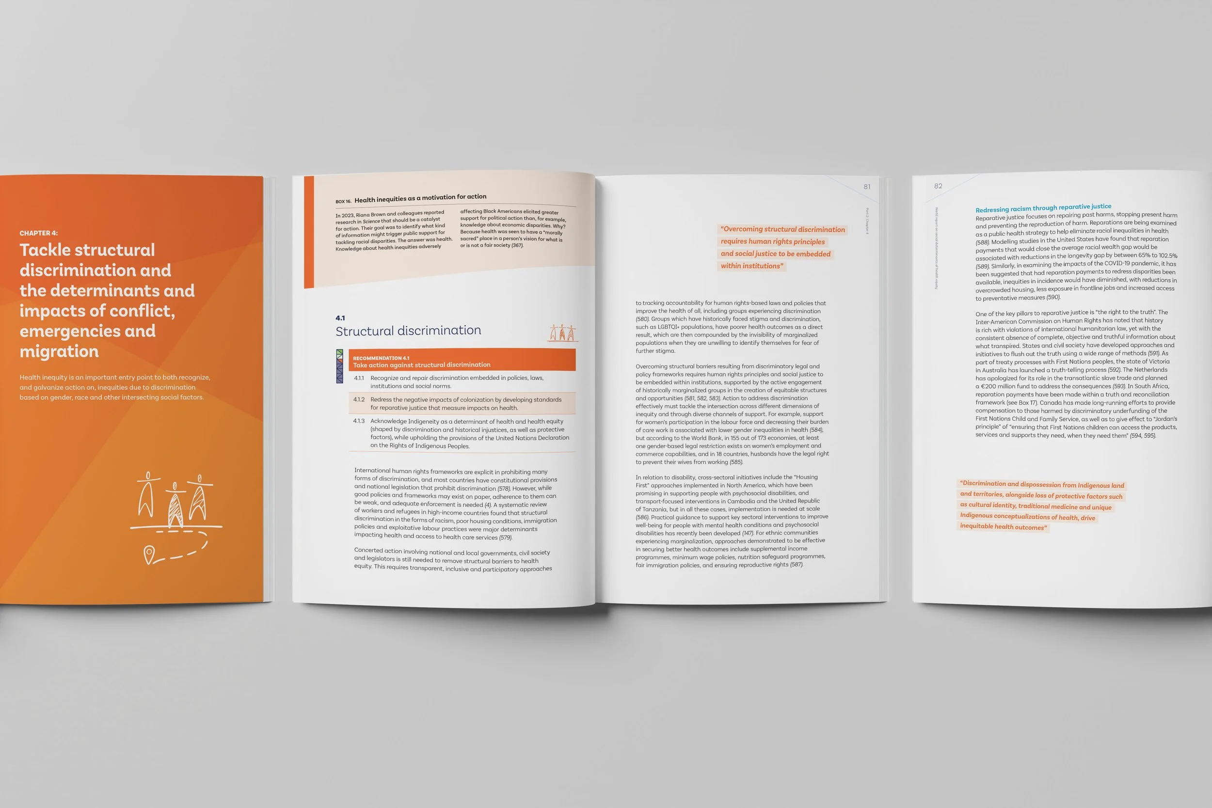 An orange-themed chapter spread focusing on structural discrimination. It utilizes bold orange blocks, white line-art figures, and highlighted text quotes in orange to emphasize key principles.