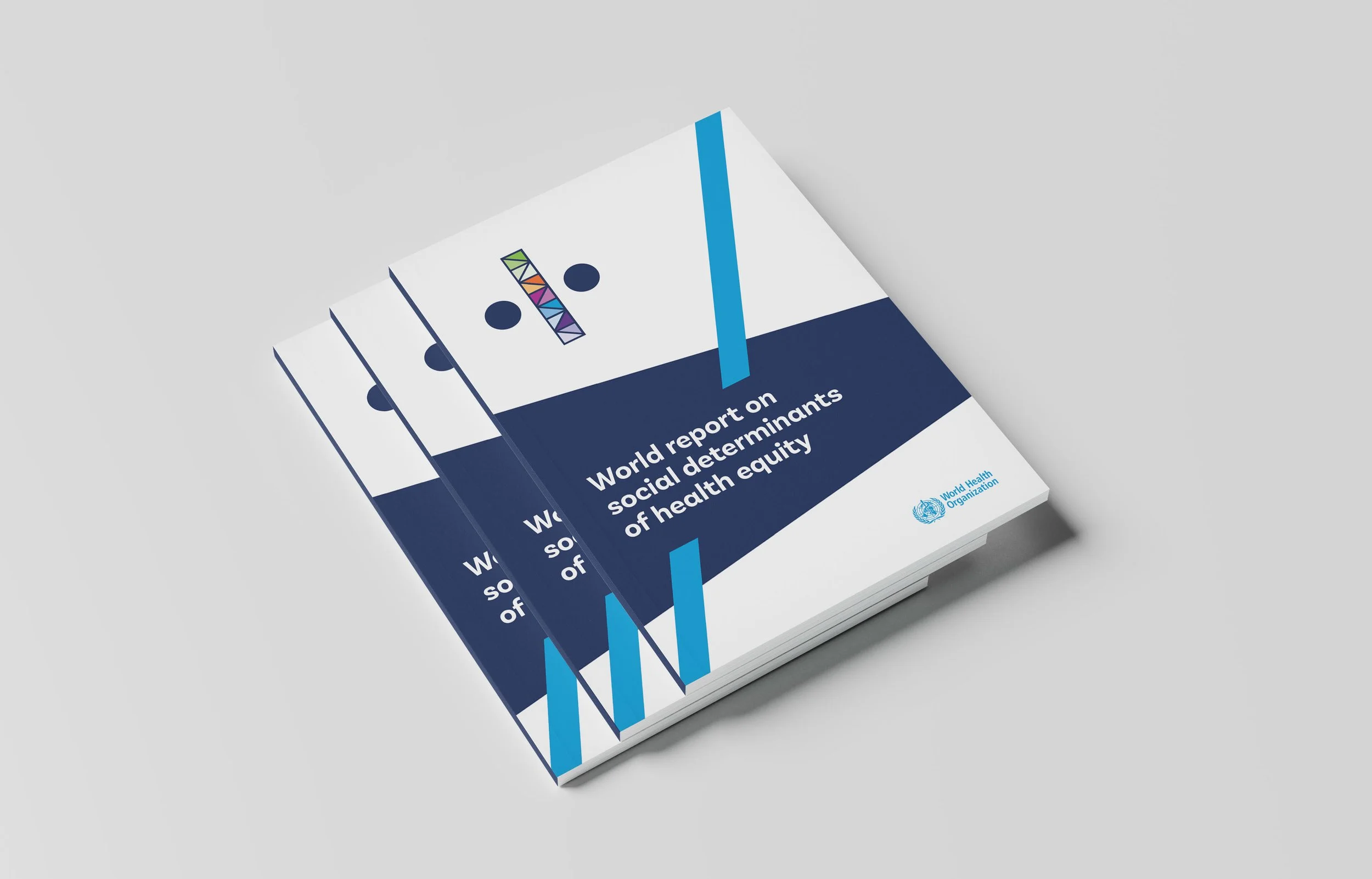 The cover of the WHO "World report on social determinants of health equity." It features a modern, geometric design in white, navy blue, and bright blue. The typography is a bold, white sans-serif font centered on a dark blue diagonal block.