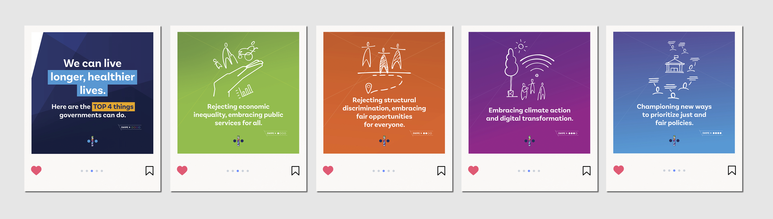 A row of five colorful Instagram posts (navy, green, orange, purple, blue). Each features white line-art illustrations and bold, centered white sans-serif text on a vibrant background.