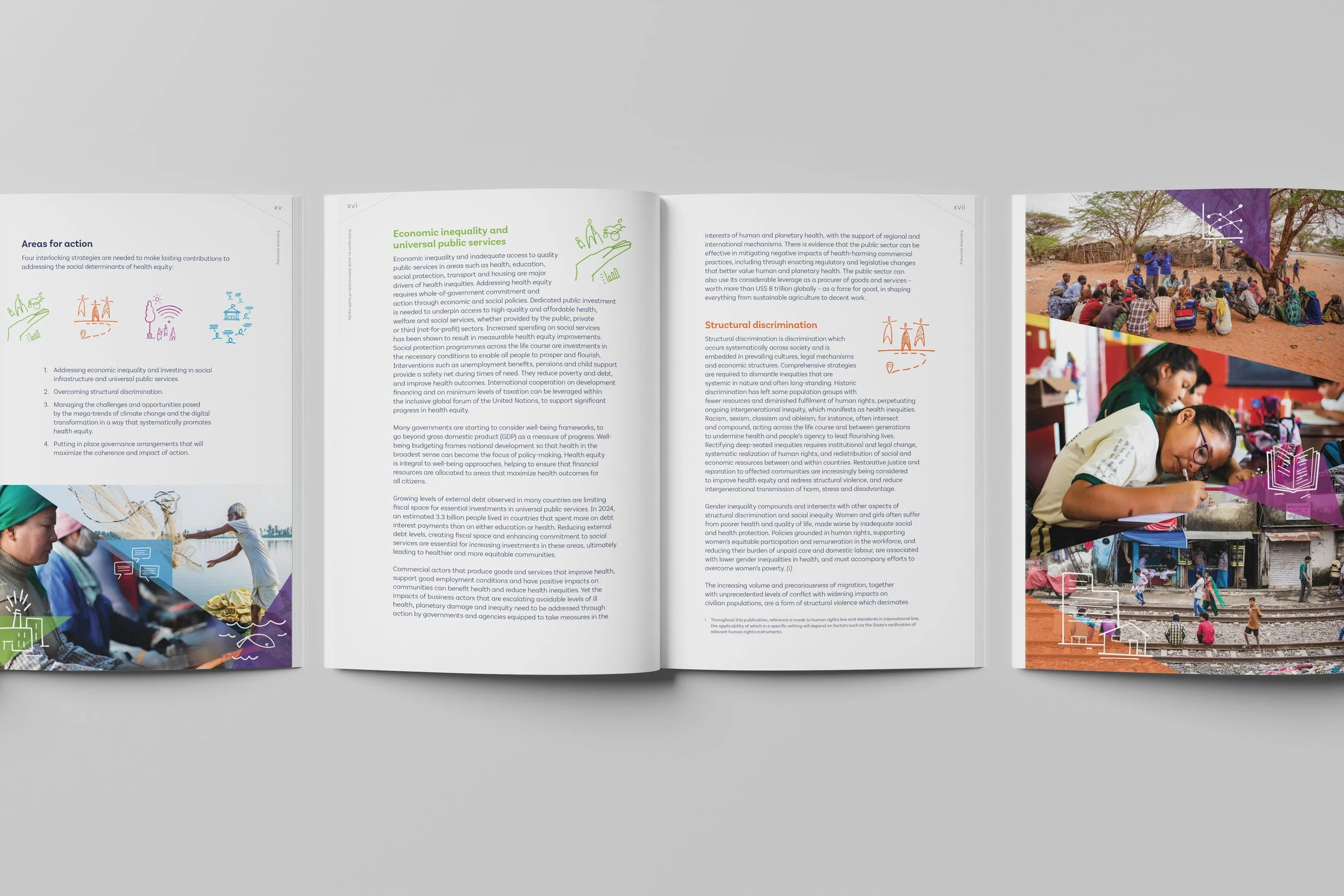 Report spread with a clean, white layout featuring orange and green accents. It includes documentary photos of a coastal community and a classroom, alongside hand-drawn style icons and bold, green and orange sans-serif headings.