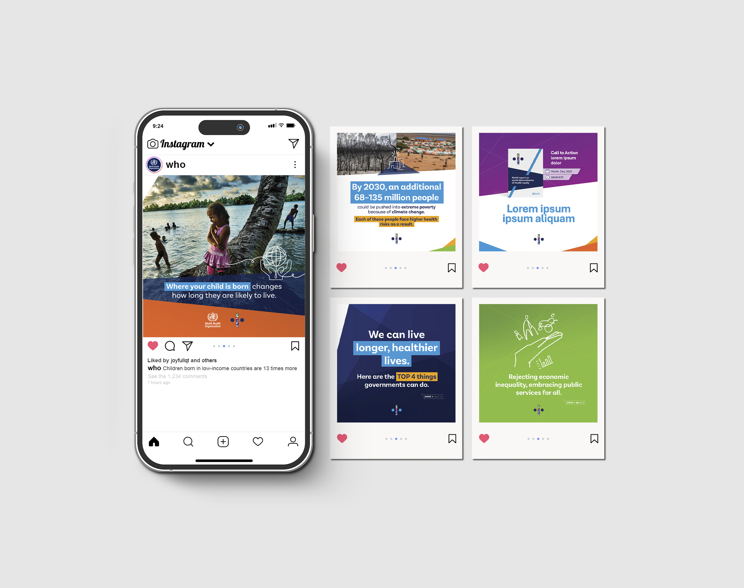 A mobile phone showing an Instagram post next to four square graphics. The design uses vibrant colors, documentary photography, and bold sans-serif text with centered layouts.