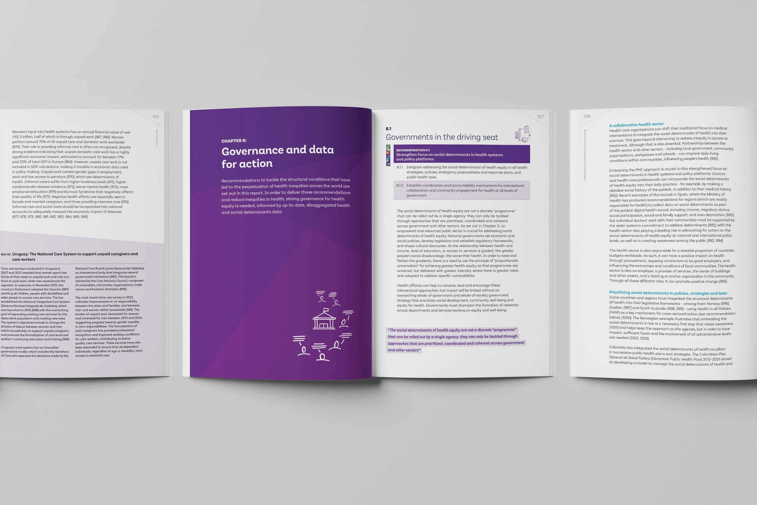 A deep purple chapter opener for "Governance and data for action". The design uses white text on a dark background, paired with clean white pages featuring blue headings and framed "Recommendation" boxes for high scanability.