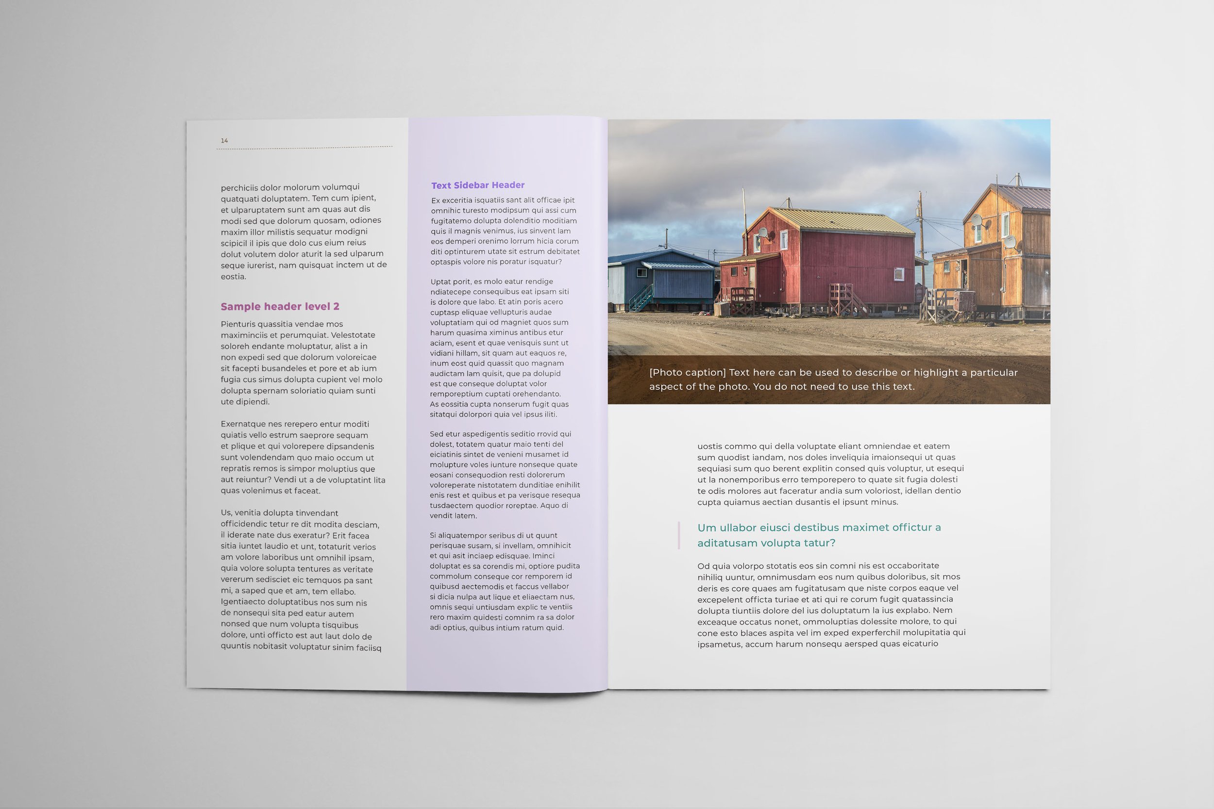 A large photograph of colorful Northern homes spans the right page with a brown caption bar. The left page has a light purple sidebar and tiered headers. The layout feels editorial, balancing rich imagery with clean text columns.