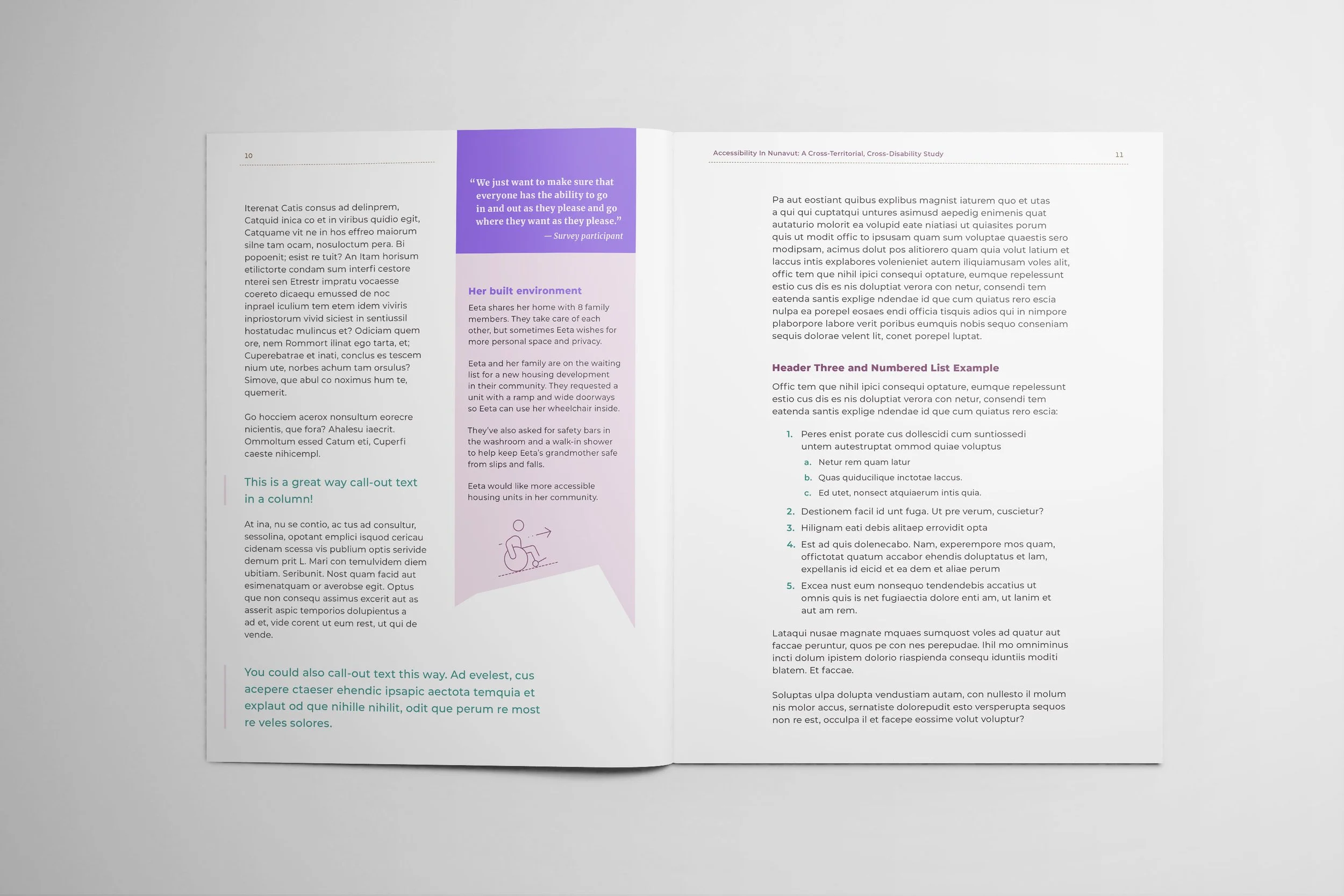 Features a purple ribbon-style quote and a numbered list. A light purple sidebar includes a minimalist wheelchair icon. The typography uses teal for emphasis, and a dotted line defines the running header section for a structured feel.