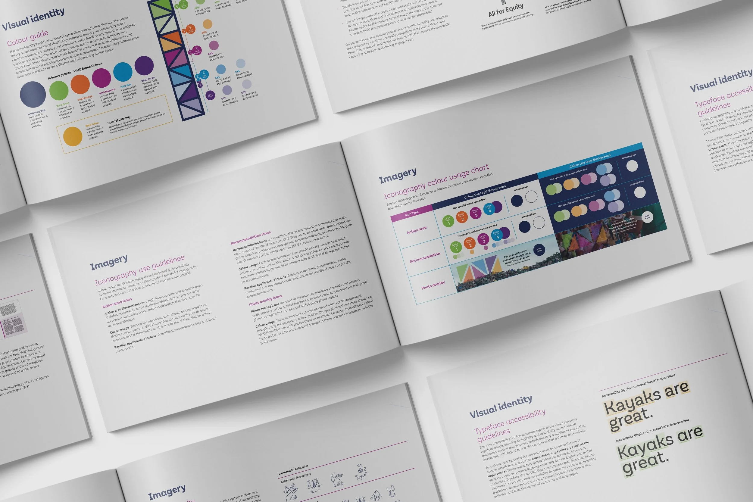 Mockup of a brand guideline book. Features a "colour guide" with vibrant circles, typography accessibility rules, and iconography usage charts in a clean, professional grid.