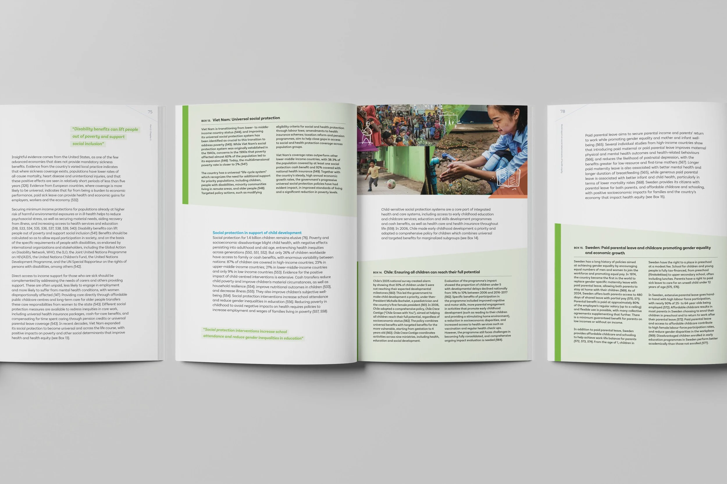 Layout featuring light green sidebars and headers. It uses a two-column text format interspersed with photos of a child washing hands and community gatherings, maintaining a professional and accessible typographic hierarchy.