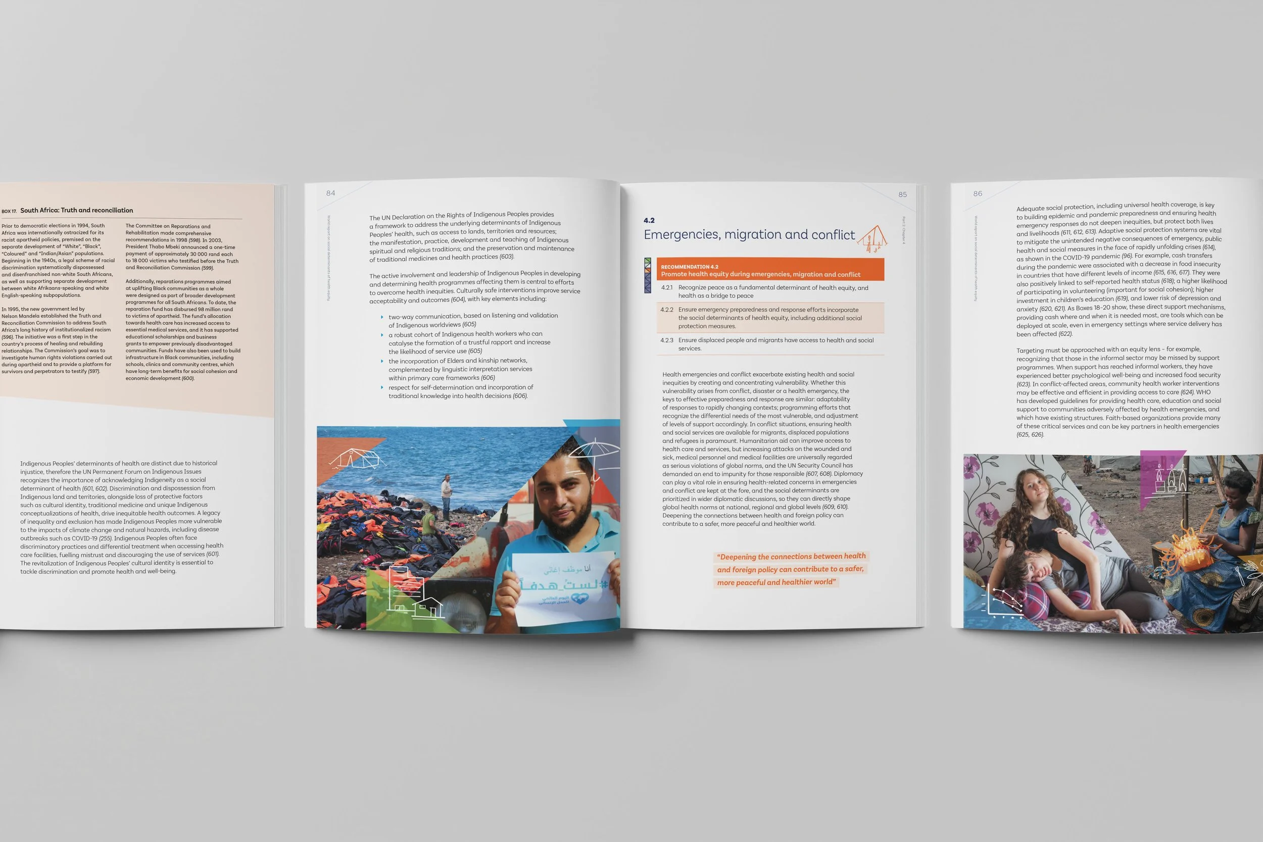 Multi-page layout with a soft blue and orange color palette. It features poignant photography of refugees and families, balanced by structured text blocks and a prominent orange callout box for specific recommendations.