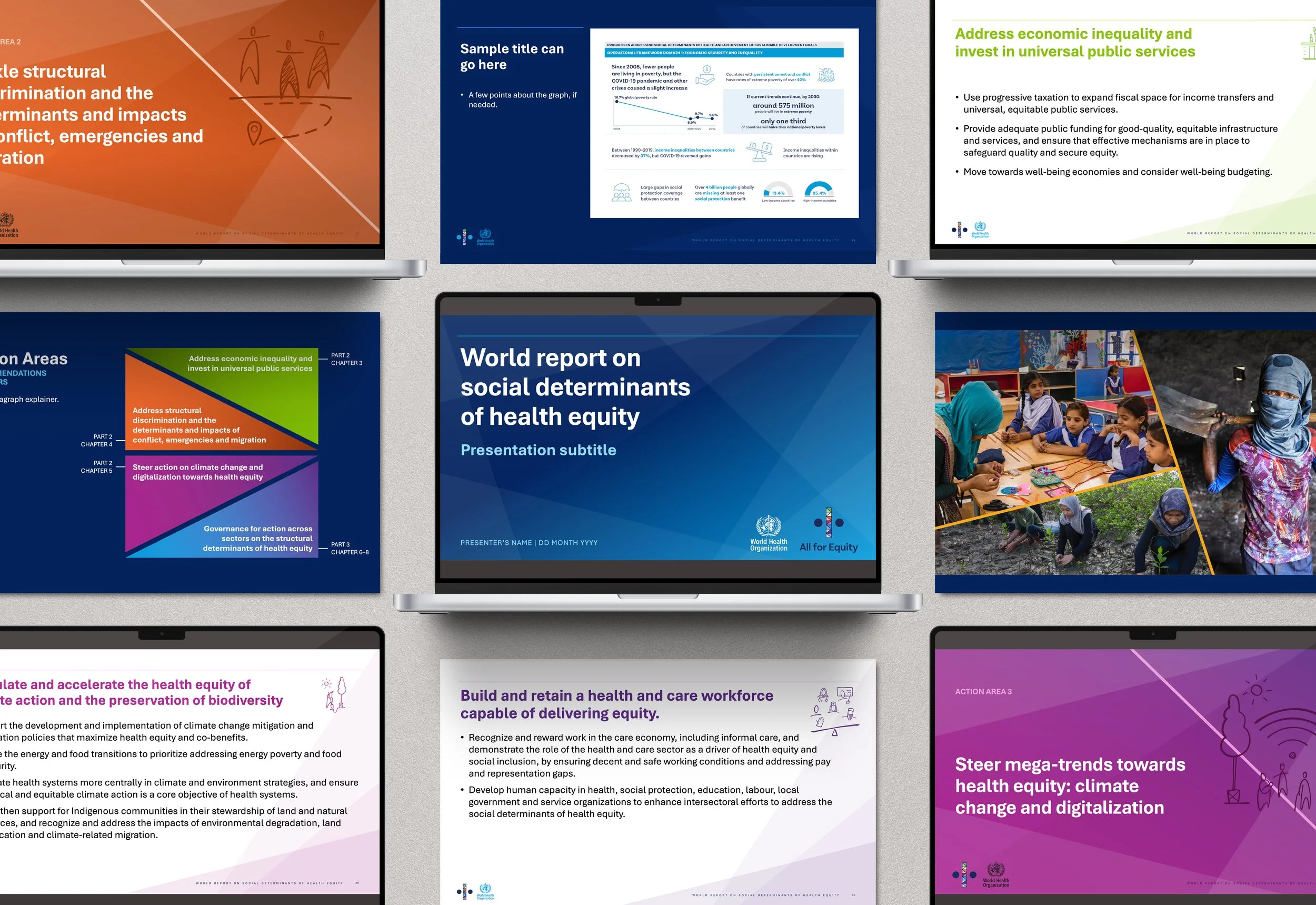 A collection of presentation slides on laptops. Designs use a navy, orange, and purple palette with geometric overlays. Includes the WHO logo, "All for Equity" branding, data visualizations, and thin-line hand-drawn illustrations.