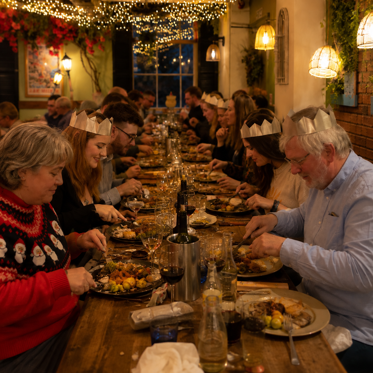 People celebrating Christmas at a long dinner table with holiday decorations, fairy lights, and some wearing paper crowns.