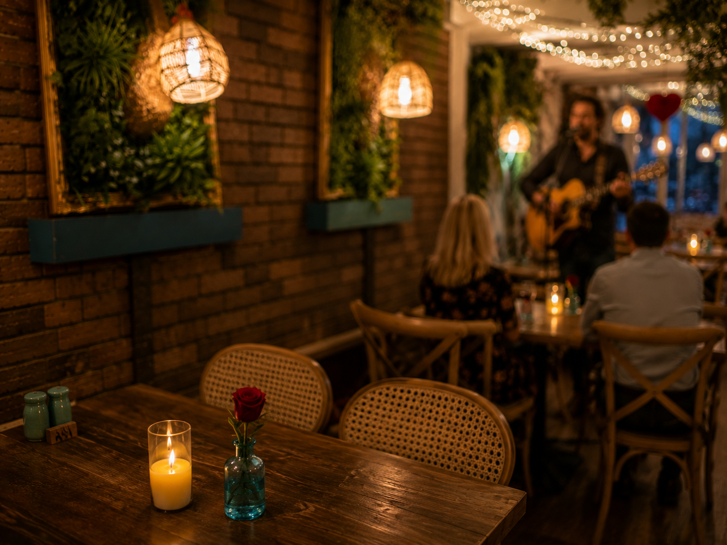 A cozy restaurant with warm lighting, featuring a candle on the wooden table, a single red rose in a small vase, and people enjoying live music in the background.