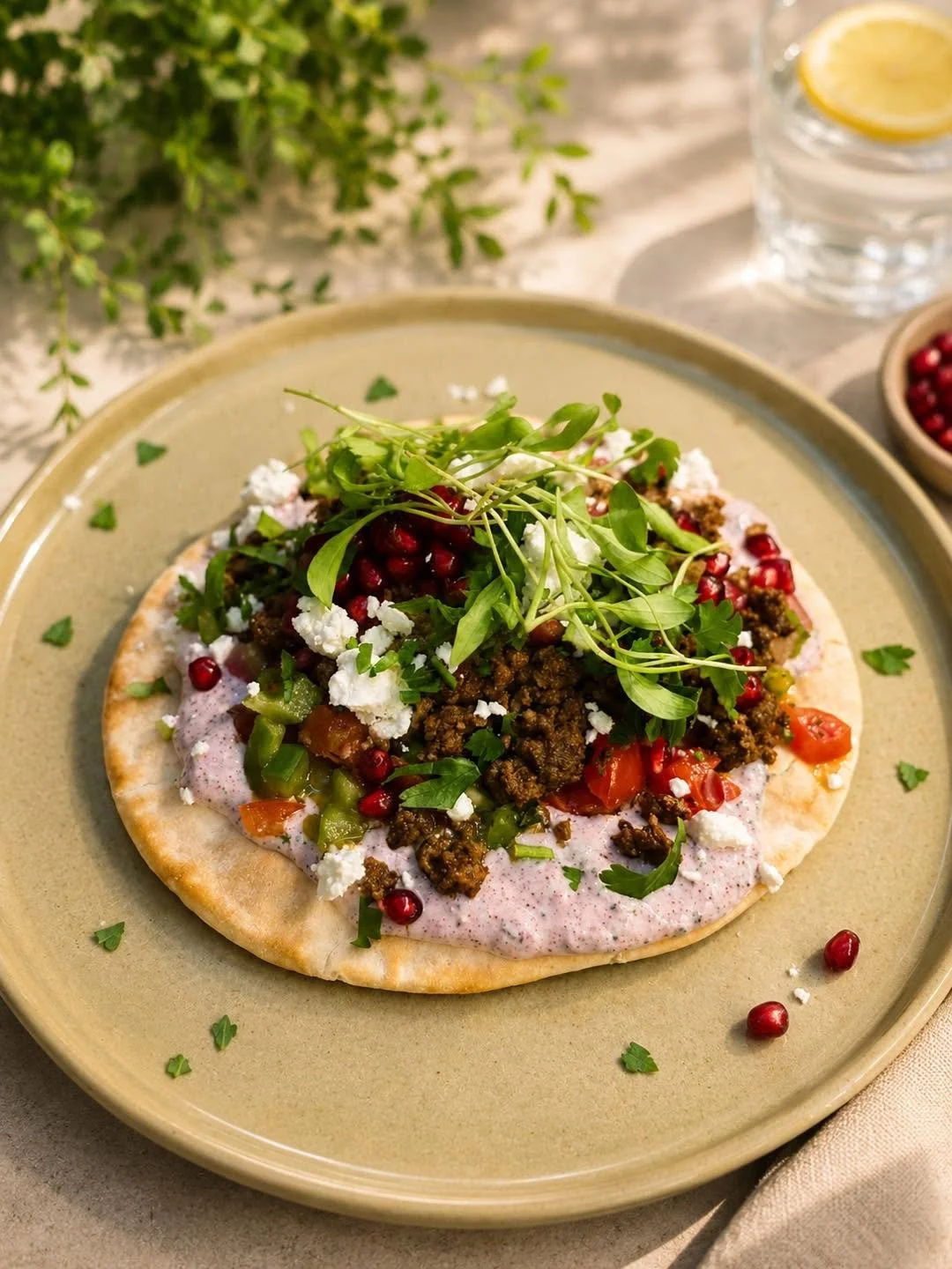 Plate with a flatbread topped with yogurt sauce, ground beef, chopped vegetables, pomegranate seeds, fresh herbs, and crumbled cheese, on a beige plate with a glass of water and lemon slices nearby.