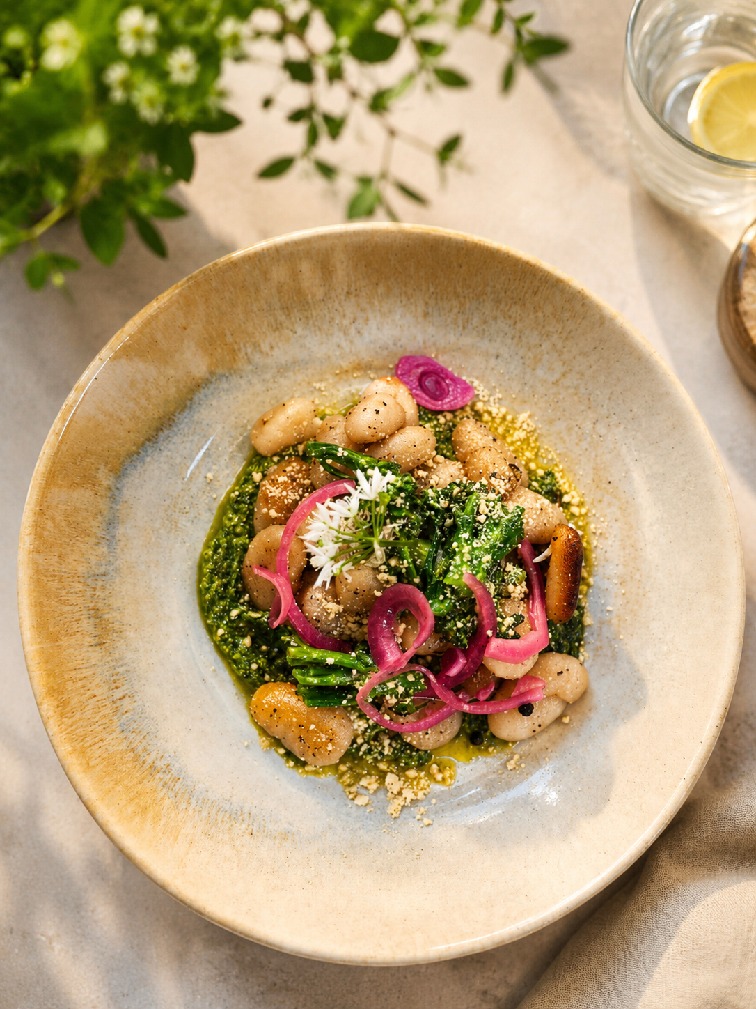 A bowl of white beans with greens, pink pickled onions, and grated cheese garnished with fresh herbs, on a neutral table with glass of lemon water nearby.