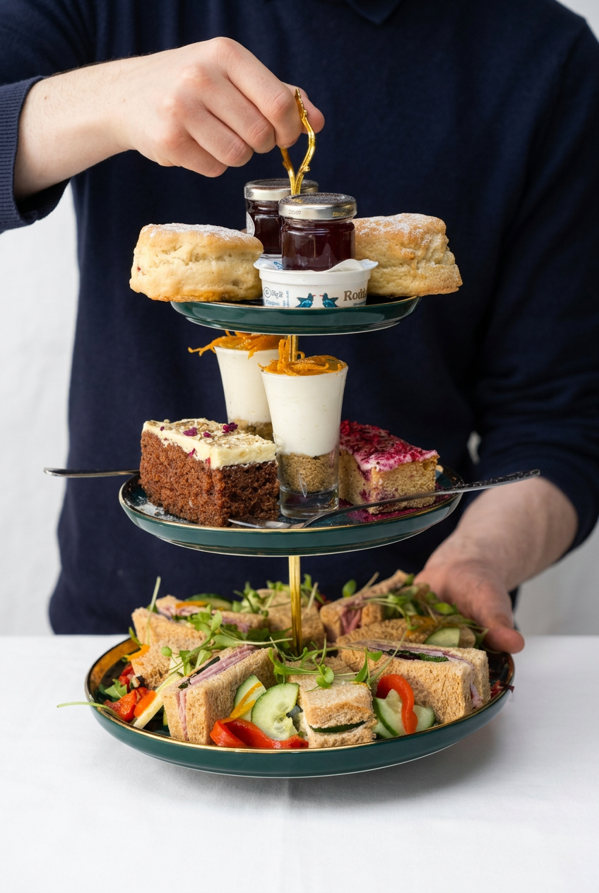 Three-tiered serving tray with assorted desserts on top and sandwiches at the bottom, person in a navy sweater holding the tray.