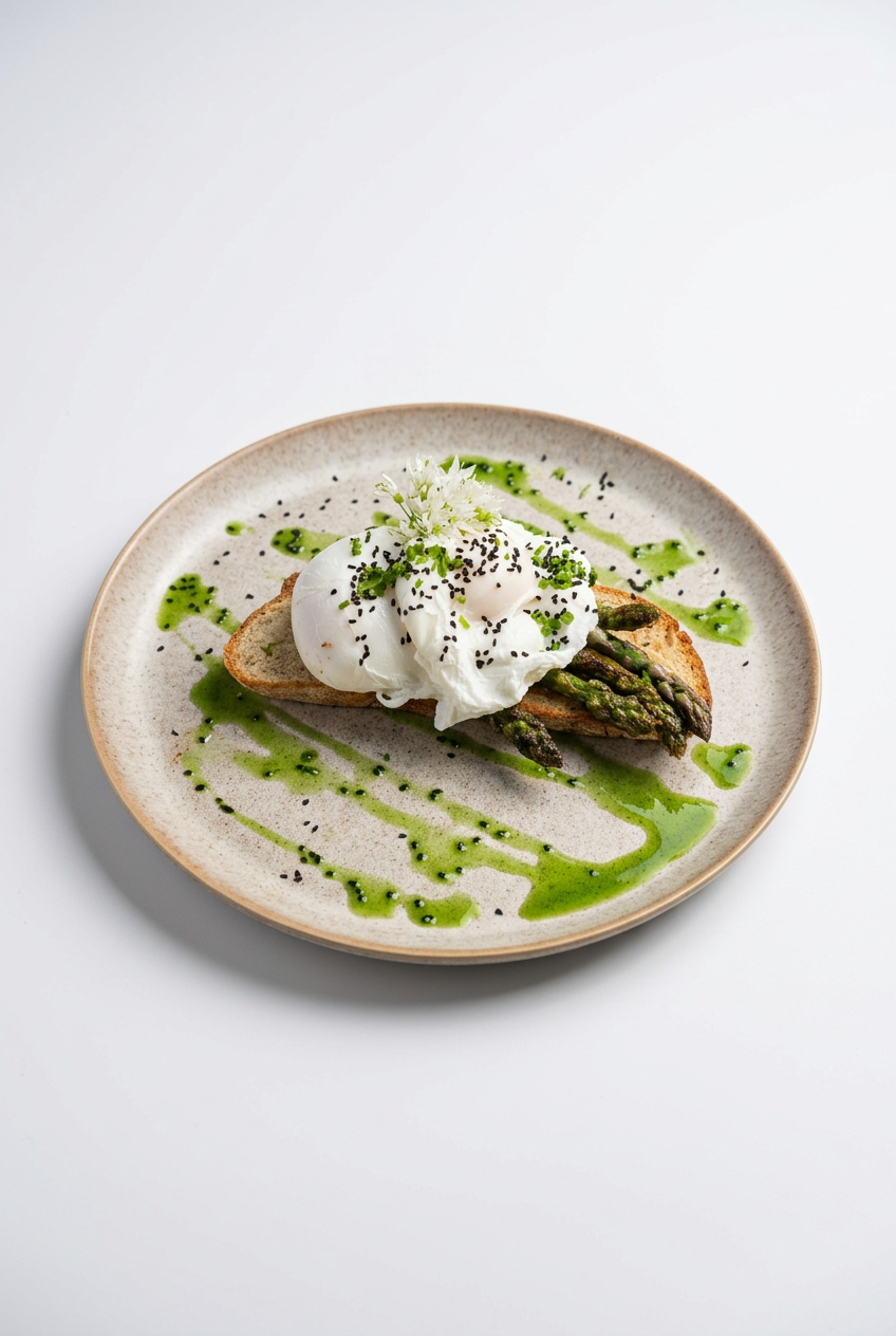 A plate with a slice of toasted bread topped with asparagus, a poached egg, and garnished with black sesame seeds, green herbs, and green sauce on a white background.