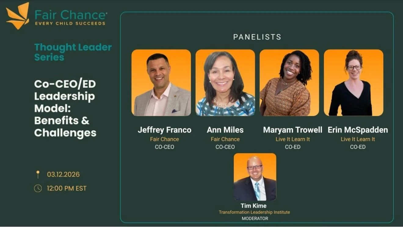 What does it look like to lead together? 🤝

At Live It Learn It, we believe in the power of partnership and not just with schools, but at the very top of our organization.

Join our Co-EDs, Maryam Trowell and Erin McSpadden, and @fairchancedc Co-CEO