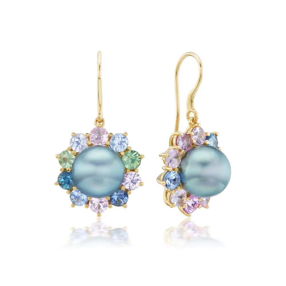 One-of-a-Kind Blue Floral Pearl Drop Earrings