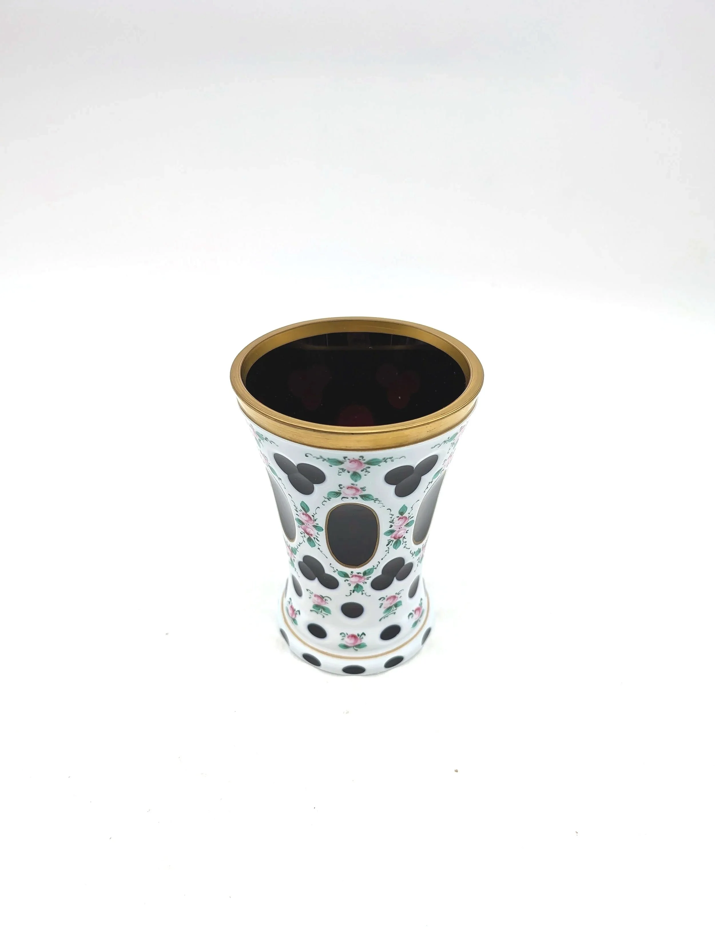 582.  Bohemian Czech cranberry milk colored glass vase 3.75''x5.5''