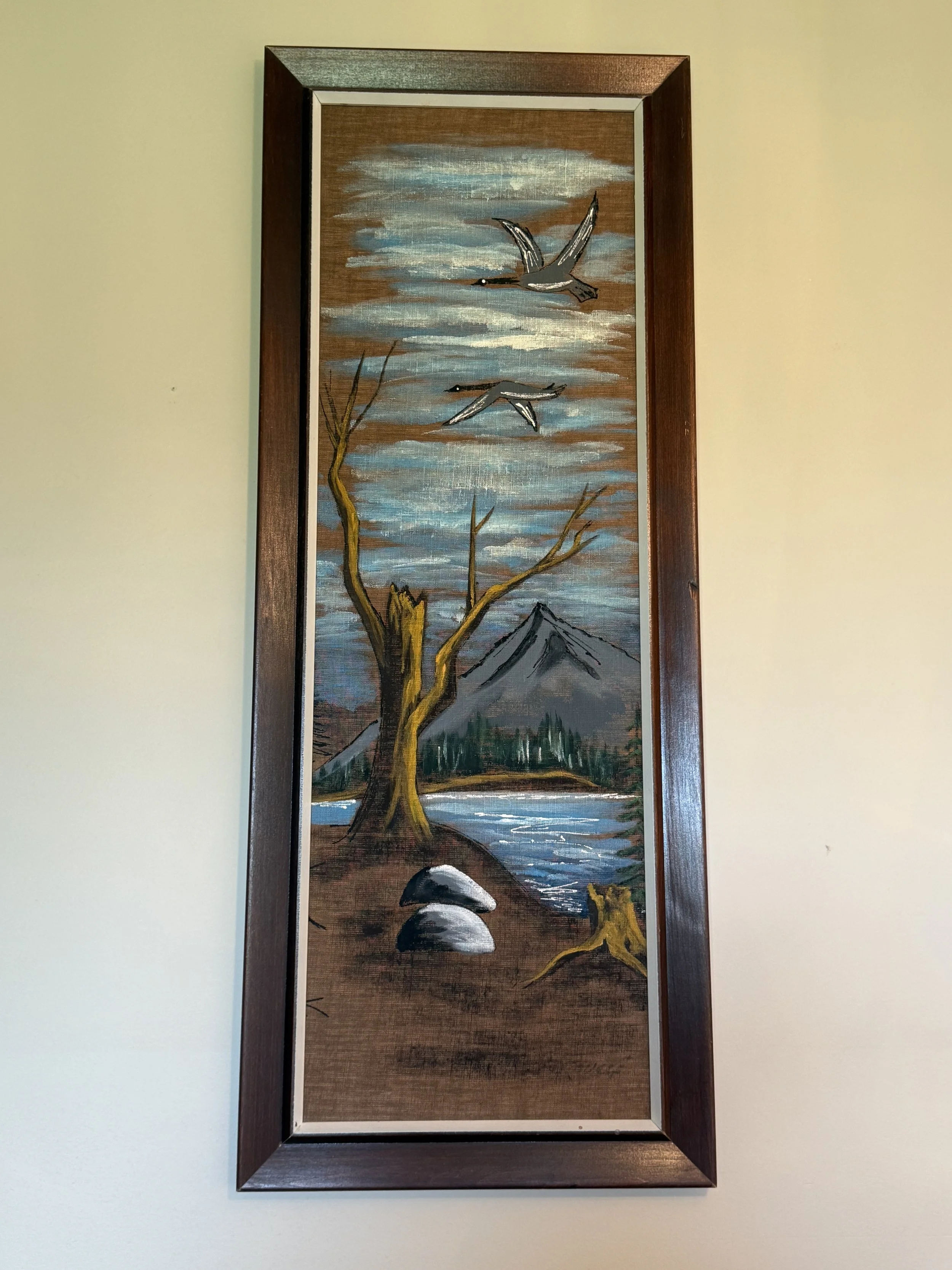 154.  Artist signed, "Canada Geese in flight", acrylic on board, 12x36"