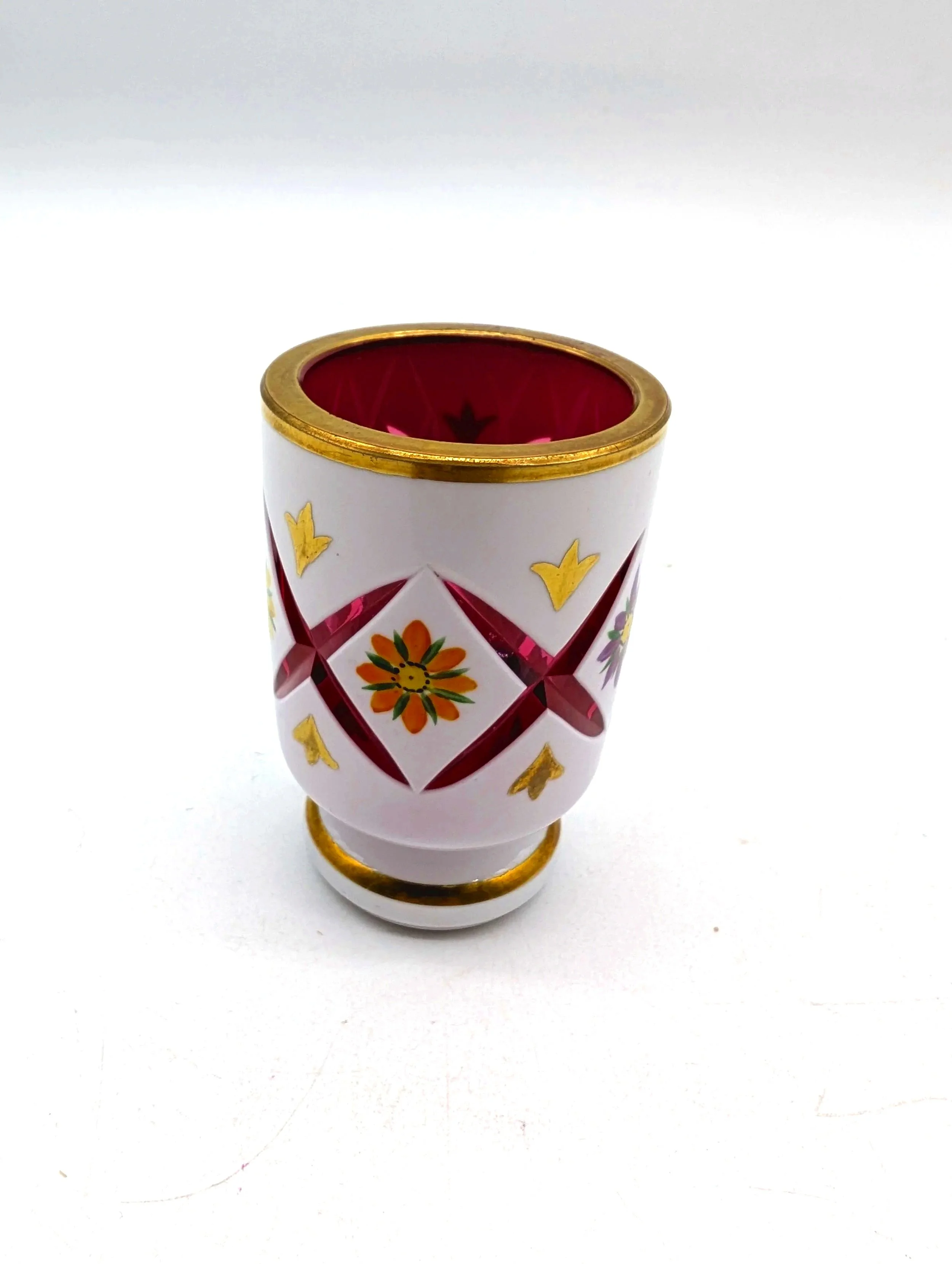 526.  Vintage Czech Bohemain cut to red glass liqueur cup 2''x3'5''