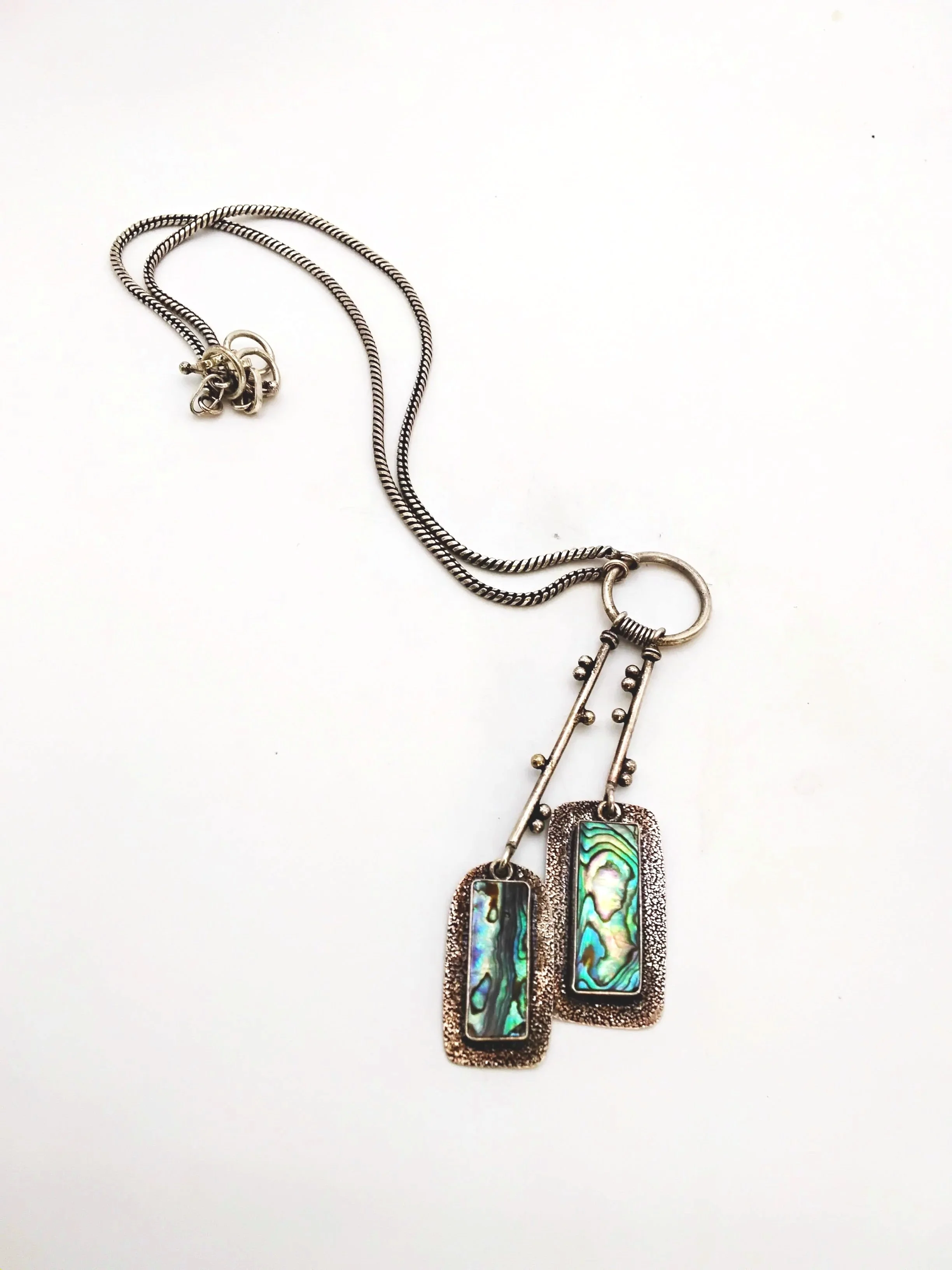 652.  Sterling silver abalone artisan made lariat style necklace 26.3 gm 20'' +4'' drop