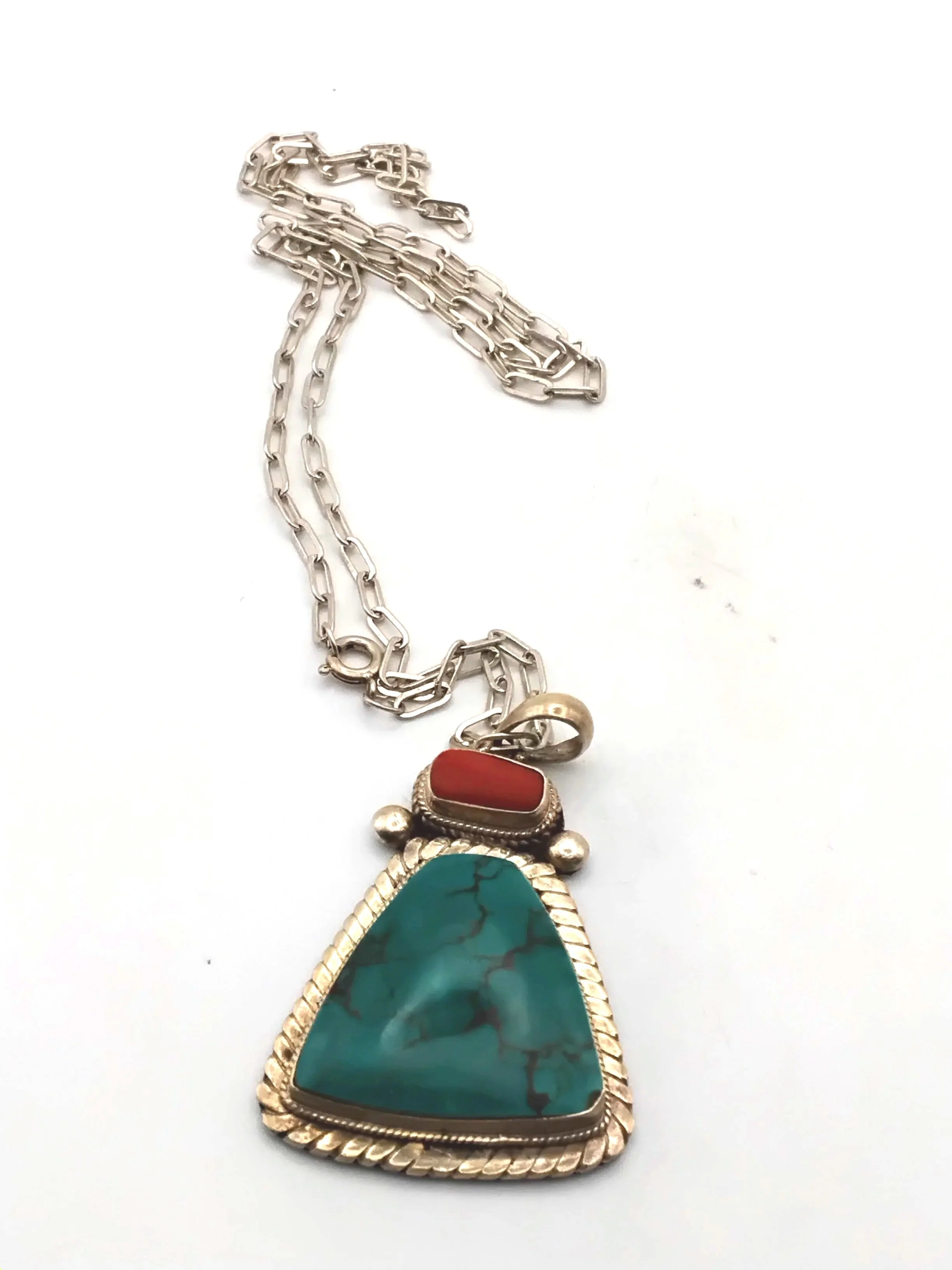 594.  Navajo turquoise coral large 1.25''x1.5'' sterling silver pendant and 22'' chain FIRM