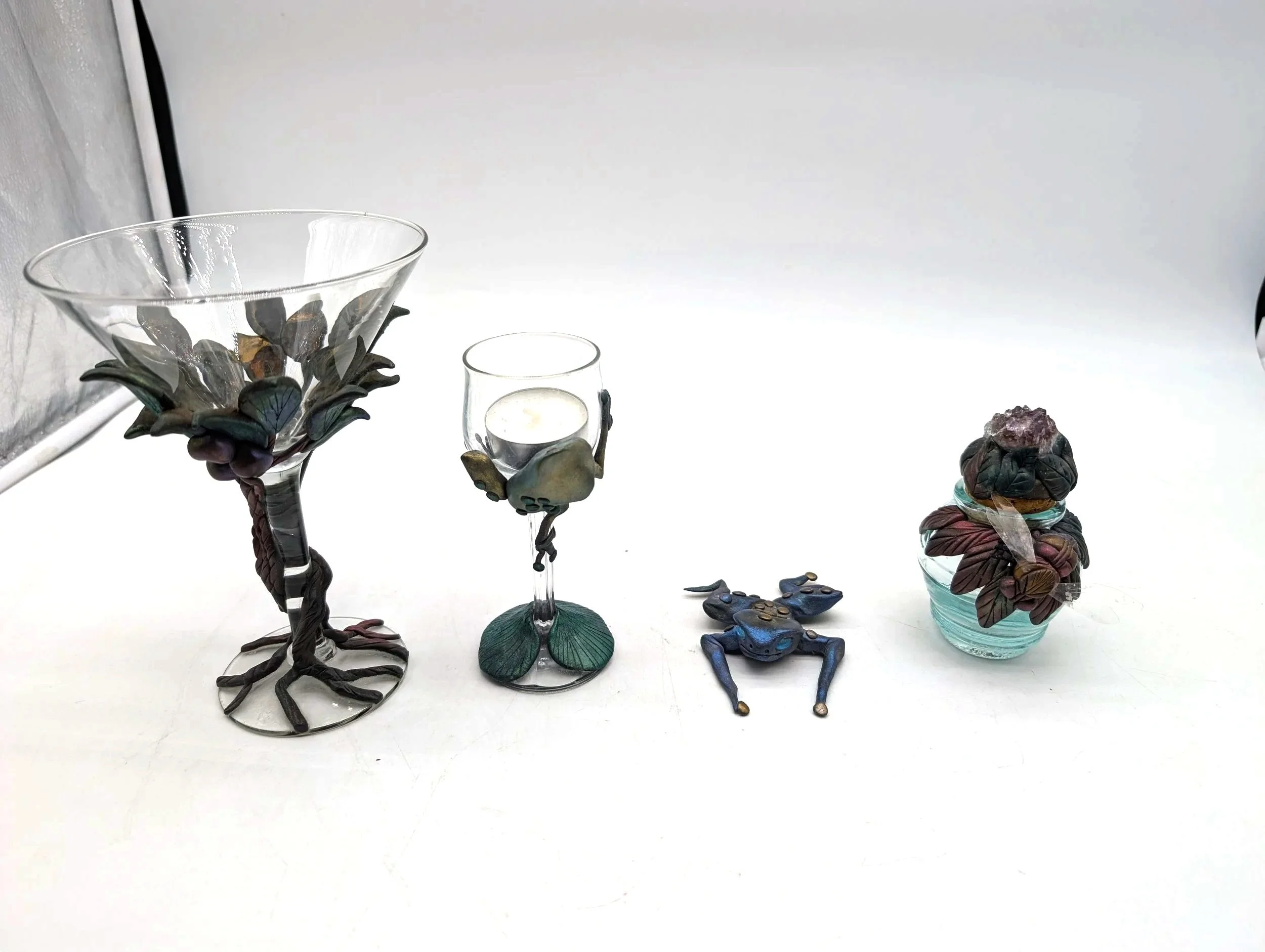 503.  Artisan clay made glass assortment- wineglass, votive, jar and frog 2.5'' w to 7'' tall
