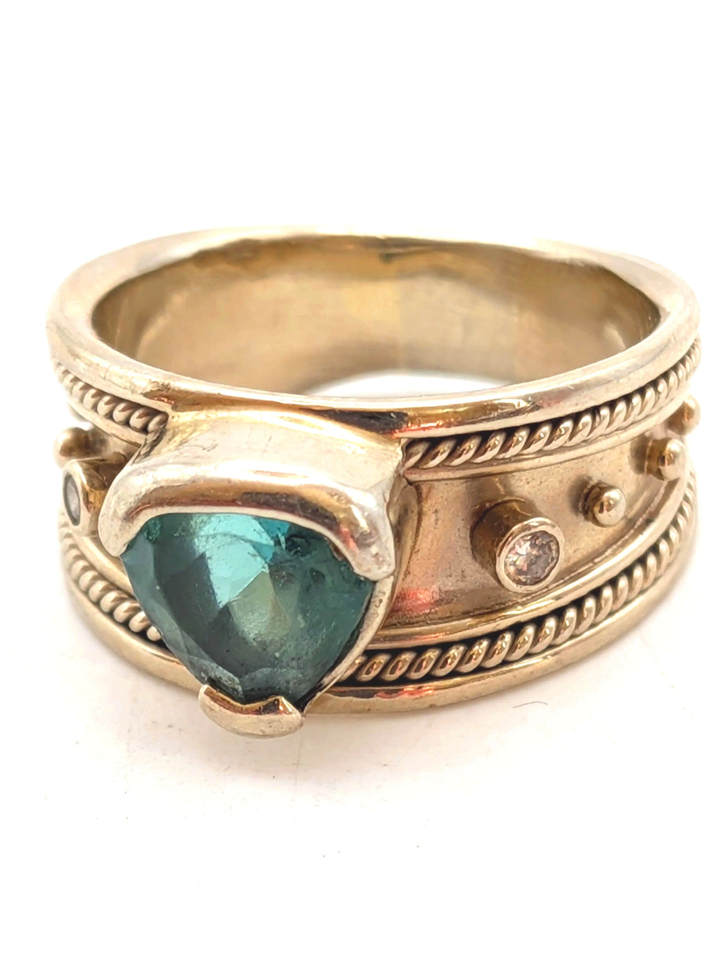 663. 14kt white gold diamond blue/green tourmaline Etruscan ring 7.39 gm  appraised $4450