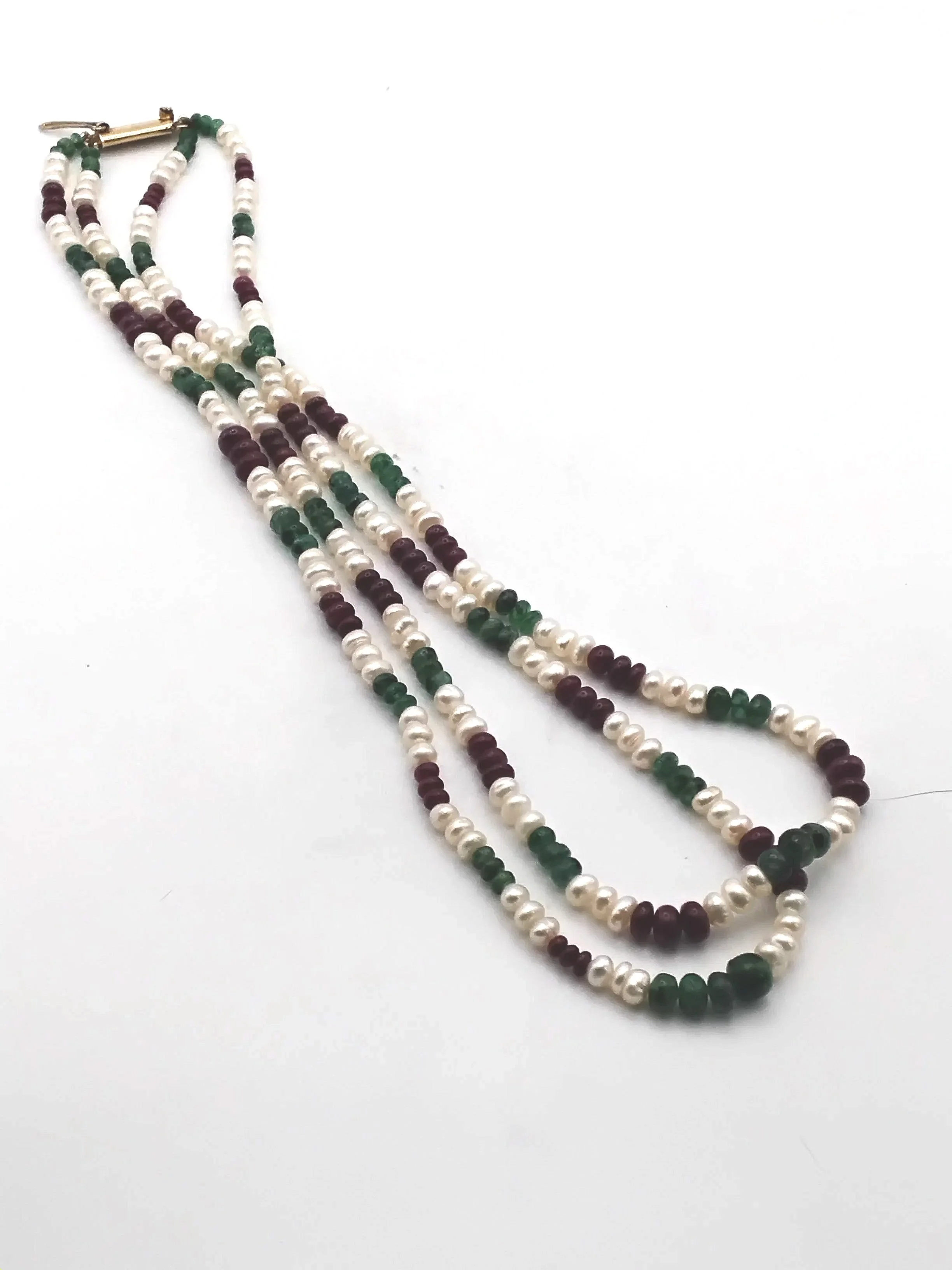 598.  Freshwater pearls. emeralds, rubies double strand 18'' necklace FIRM