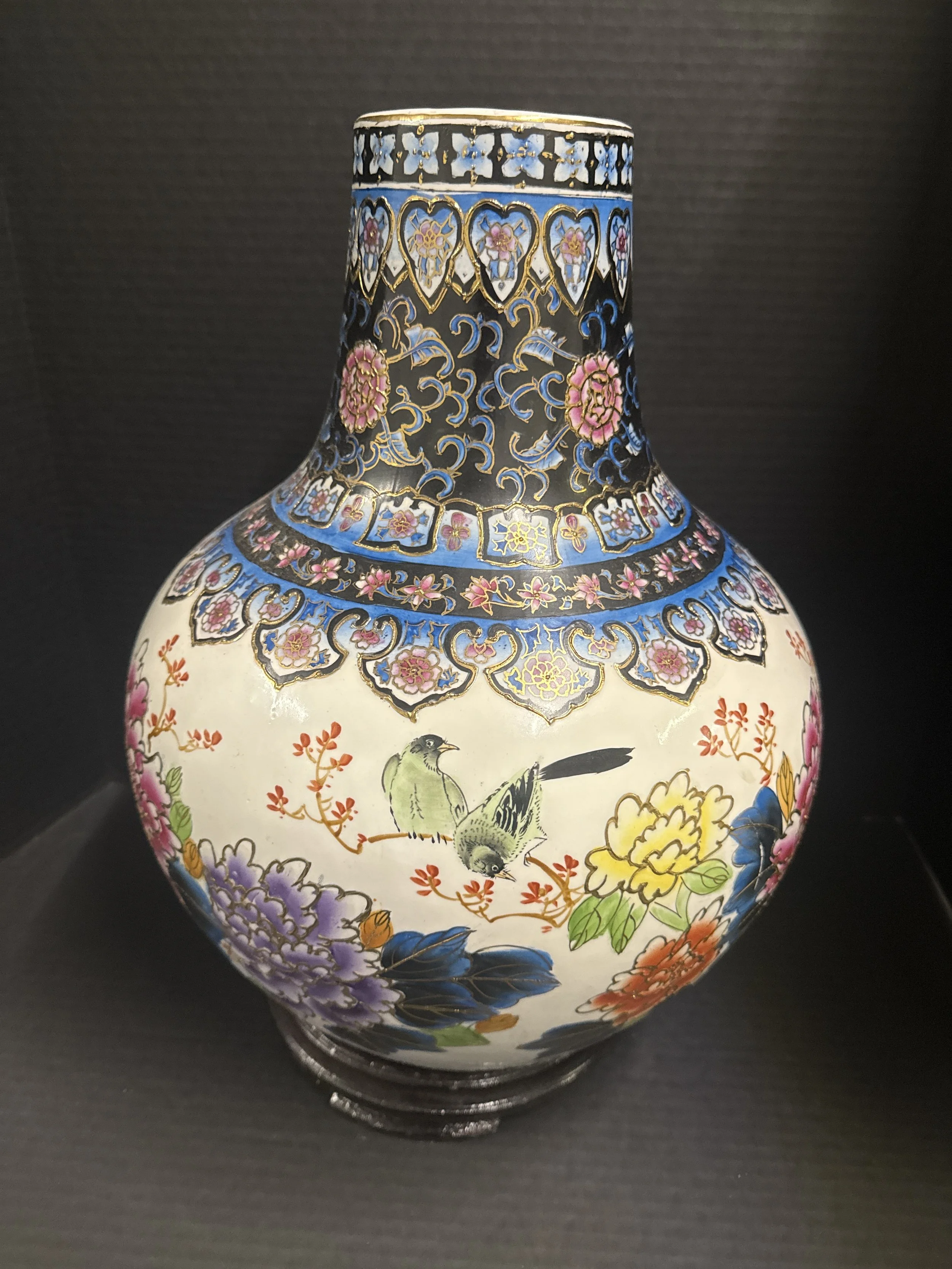 102.  Asian inspired vase, hand painted, on wooden plinth, 16.5"T