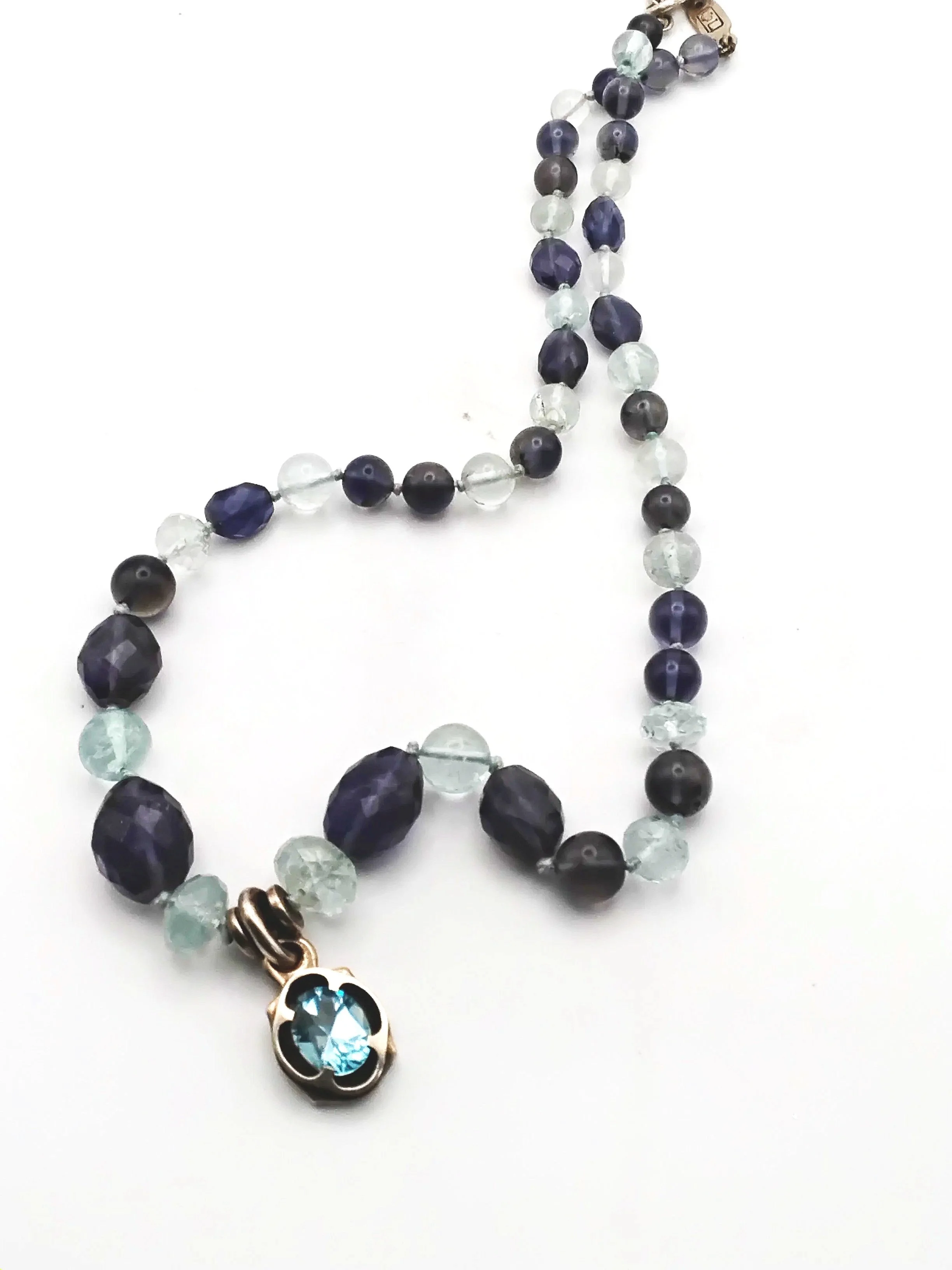 595.   Gen. blue topaz, aquamarine, iolite and sterling silver artisan made 18'' necklace