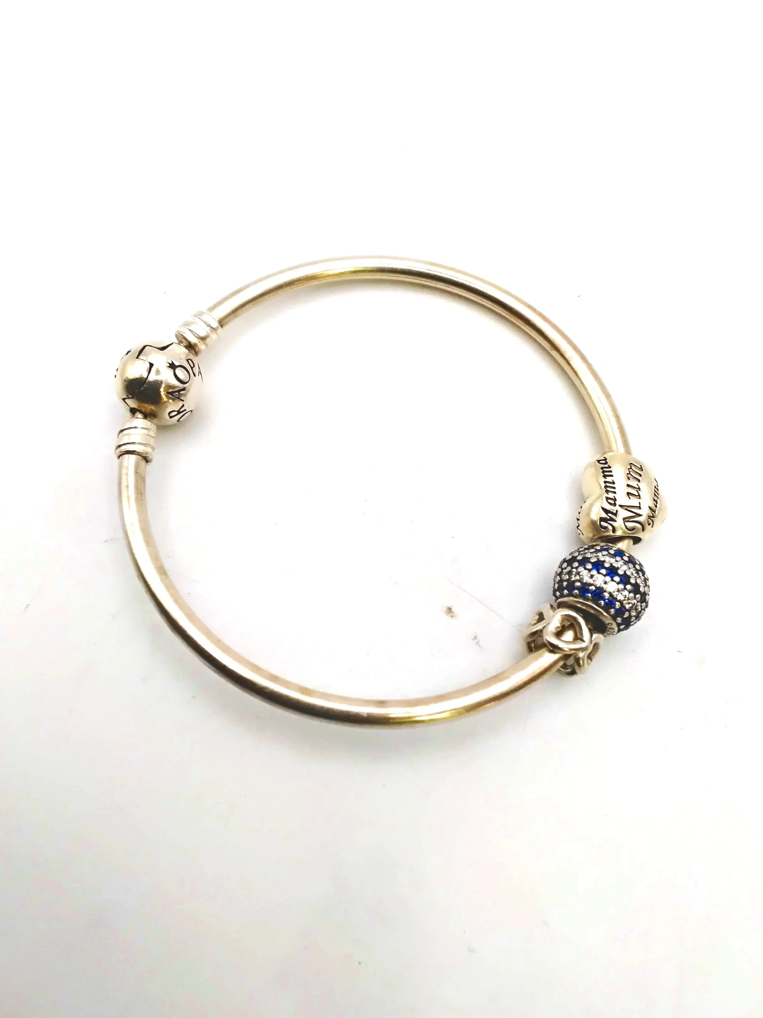 637.  Sterling silver pandora bracelet with 3 sterling silver charms 14.28 gm