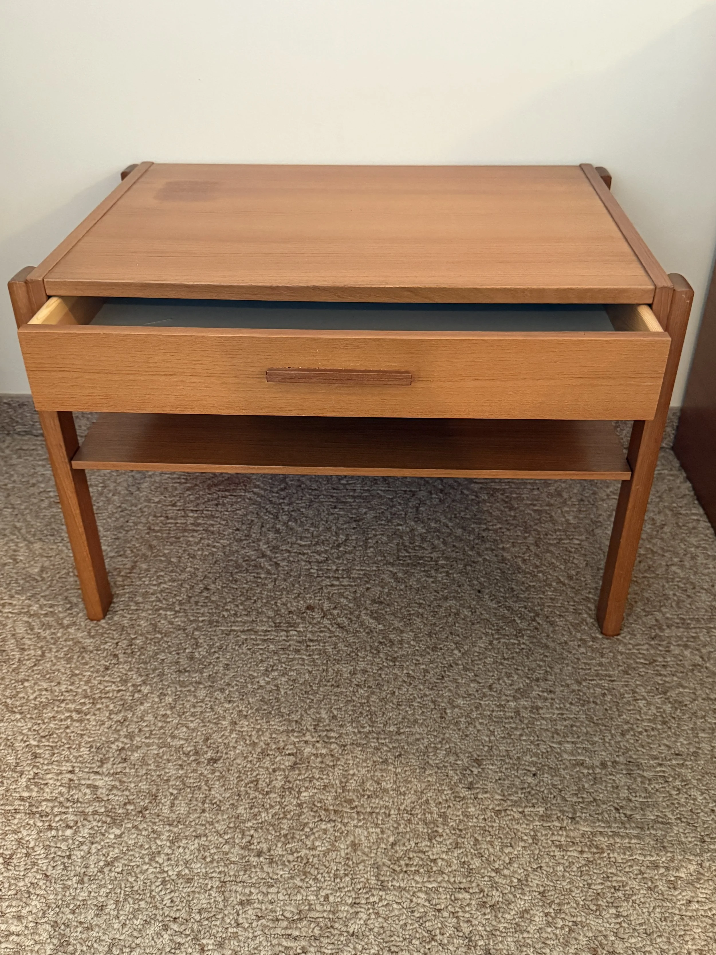 205.  Mid Century Modern teakwood side table with single drawer, 26.5x18x18"