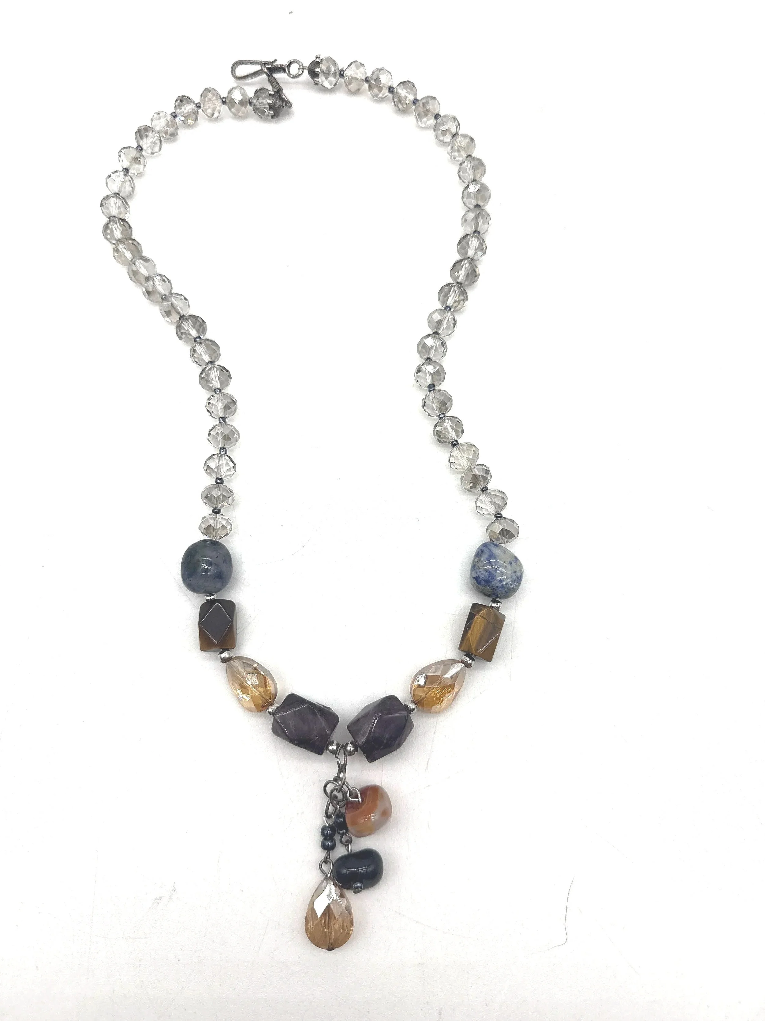 687.  Austrian crystals, tigers eye, onyx and quartz necklace 22''